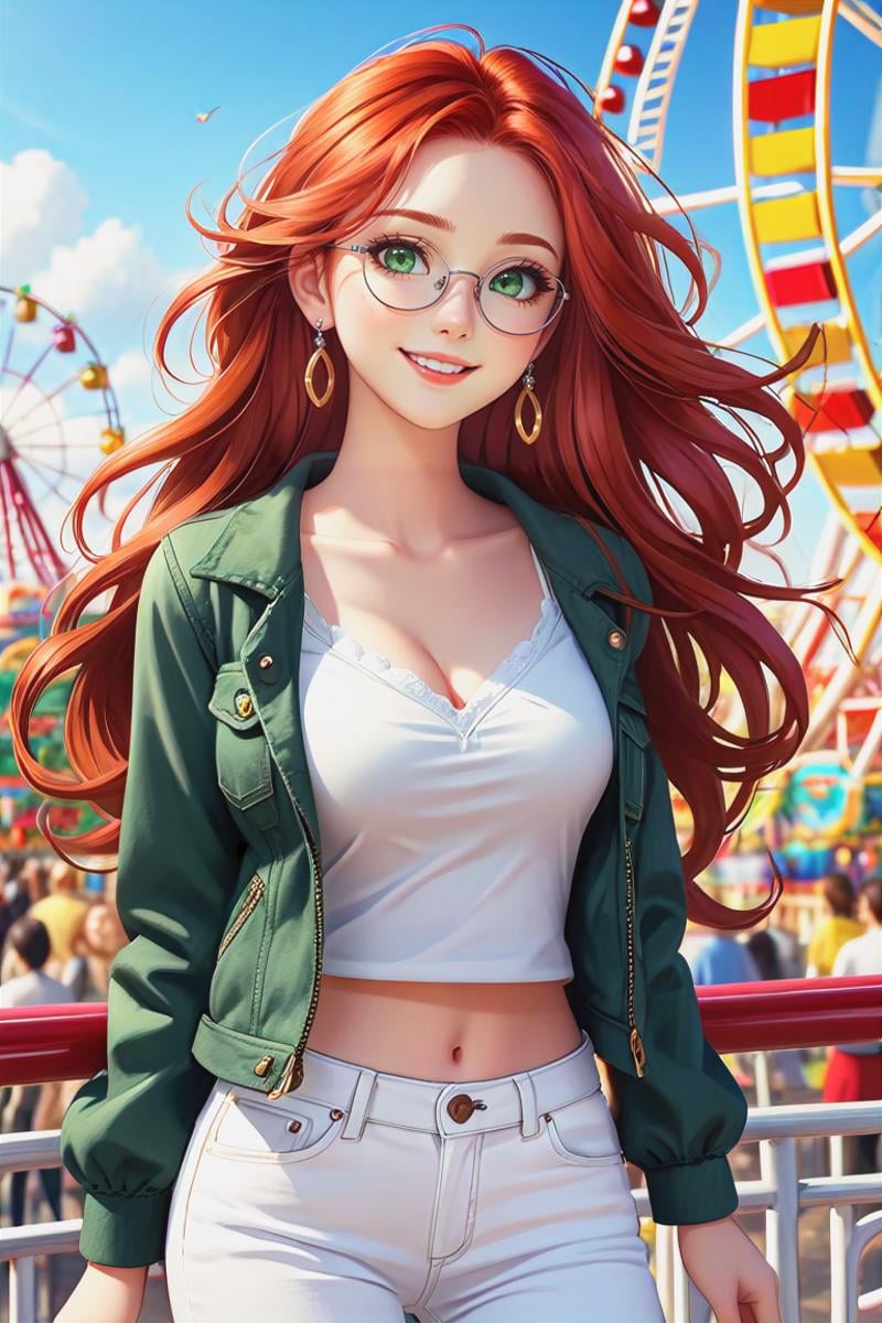 1 cute girl, her long red hair blowing in the wind, most beautiful, cute, (gorgeous face), beautiful detailed face and eyes, eyeliner, big lips, (((long shiny hair))), (((extreme red hair))):1.8, (((small narrow glasses))), (silver framed glasses), deep green eyes, slim waist, narrow shoulders, short torso, soft thighs, short face, few freckles, (small breats), smile, look at the viewer, she wears a white v-neck top under a short black denim jacket with long sleeves, she also wears white jeans, earrings, cleavage, stands on funfair, a Ferris wheel can be seen in the background, upper body view,(masterpiece:1.2), (best quality:1.2), newest, ai-generated, ultra-detailed, best shadow, detailed background, high contrast, (best illumination, an extremely delicate and beautiful), ((cinematic light)), hyper detail, dramatic light, intricate details, 8k, anime, very aesthetic