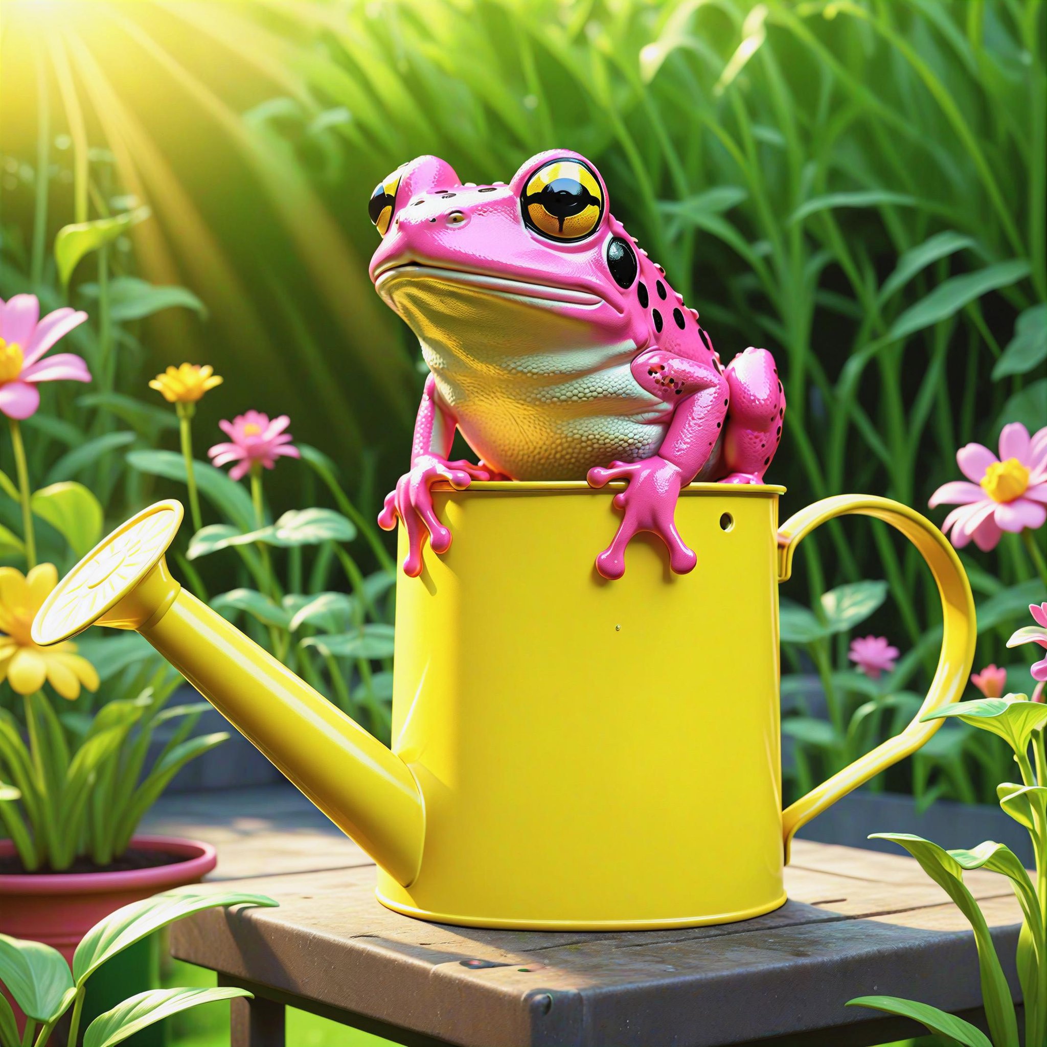 A pink frog on a yellow watering can standing in the garden,(masterpiece:1.2),  (best quality:1.2), newest, ai-generated, ultra-detailed, best shadow, detailed background, high contrast, (best illumination, an extremely delicate and beautiful), ((cinematic light)), hyper detail, dramatic light, intricate details, 8k, anime, very aesthetic, vibrant color,