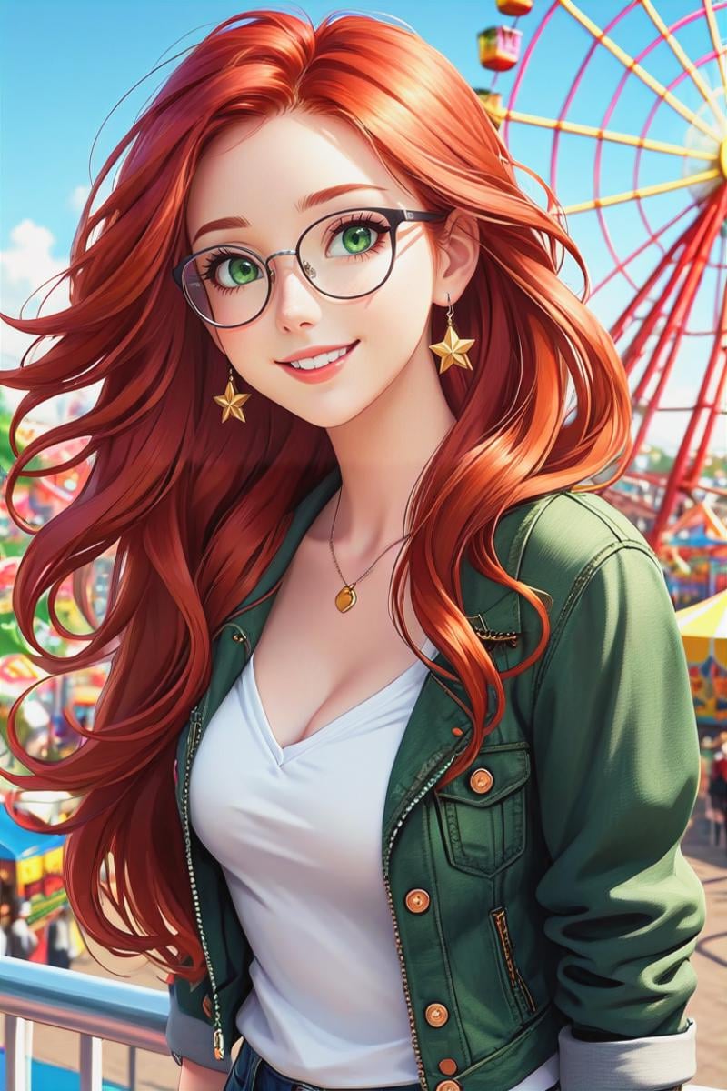 1 cute girl, her long red hair blowing in the wind, most beautiful, cute, (gorgeous face), beautiful detailed face and eyes, eyeliner, big lips, (((long shiny hair))), (((extreme red hair))):1.8, (((small narrow glasses))), (silver framed glasses), deep green eyes, slim waist, narrow shoulders, short torso, soft thighs, short face, few freckles, (small breats), smile, look at the viewer, she wears a white v-neck top under a short black denim jacket with long sleeves, she also wears white jeans, earrings, cleavage, stands on funfair, a Ferris wheel can be seen in the background, upper body view,(masterpiece:1.2), (best quality:1.2), newest, ai-generated, ultra-detailed, best shadow, detailed background, high contrast, (best illumination, an extremely delicate and beautiful), ((cinematic light)), hyper detail, dramatic light, intricate details, 8k, anime, very aesthetic