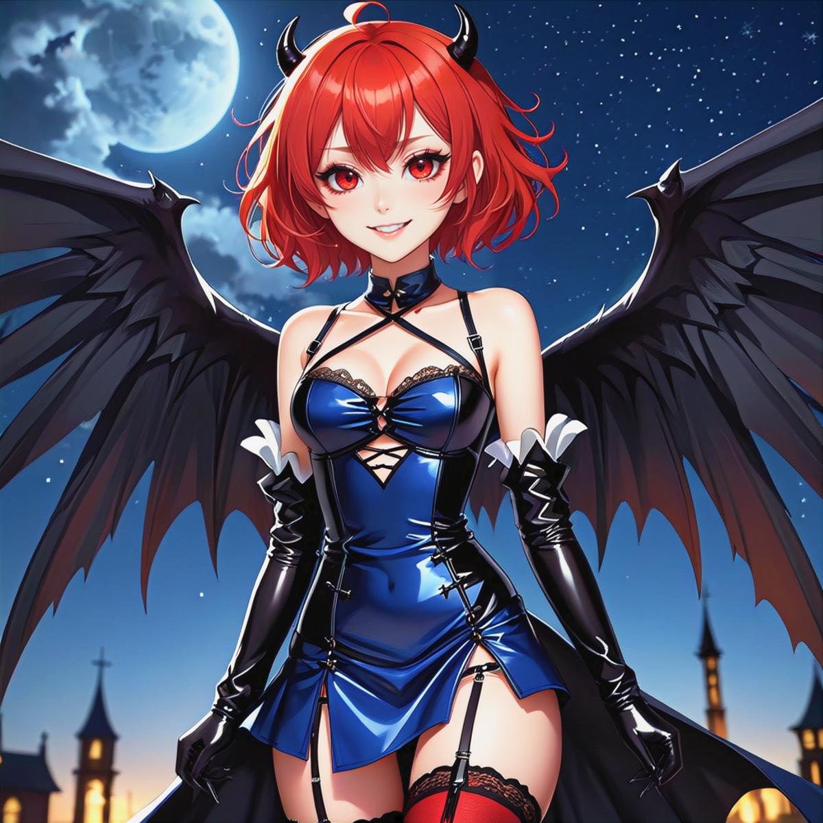 1 girl, 18yo, (((small black devil horns))), ((large angel wings)):1.5, (((black wings))):1.8, decent makeup, perfect face, young looking face, perfect eyes, decent eyes shadow, perfect body, slim body, small breasts, cleavage, underboob, glowing eyes, (yellow eyes), (short hair), (extreme red hair:1.5), shiny hair, ((dark blue dress)), (((center opening dress, cross-laced slit, cross-laced clothes))), background night sky with stars, cowboy shot, demonic grin, (masterpiece:1.2), (best quality:1.2), newest, ai-generated, ultra-detailed, best shadow, detailed background, high contrast, (best illumination, an extremely delicate and beautiful), ((cinematic light)), hyper detail, dramatic light, intricate details, 8k, anime, very aesthetic,latex princess, thighhighs, elbow gloves, breasts apart, navel, detached sleeves, center opening,