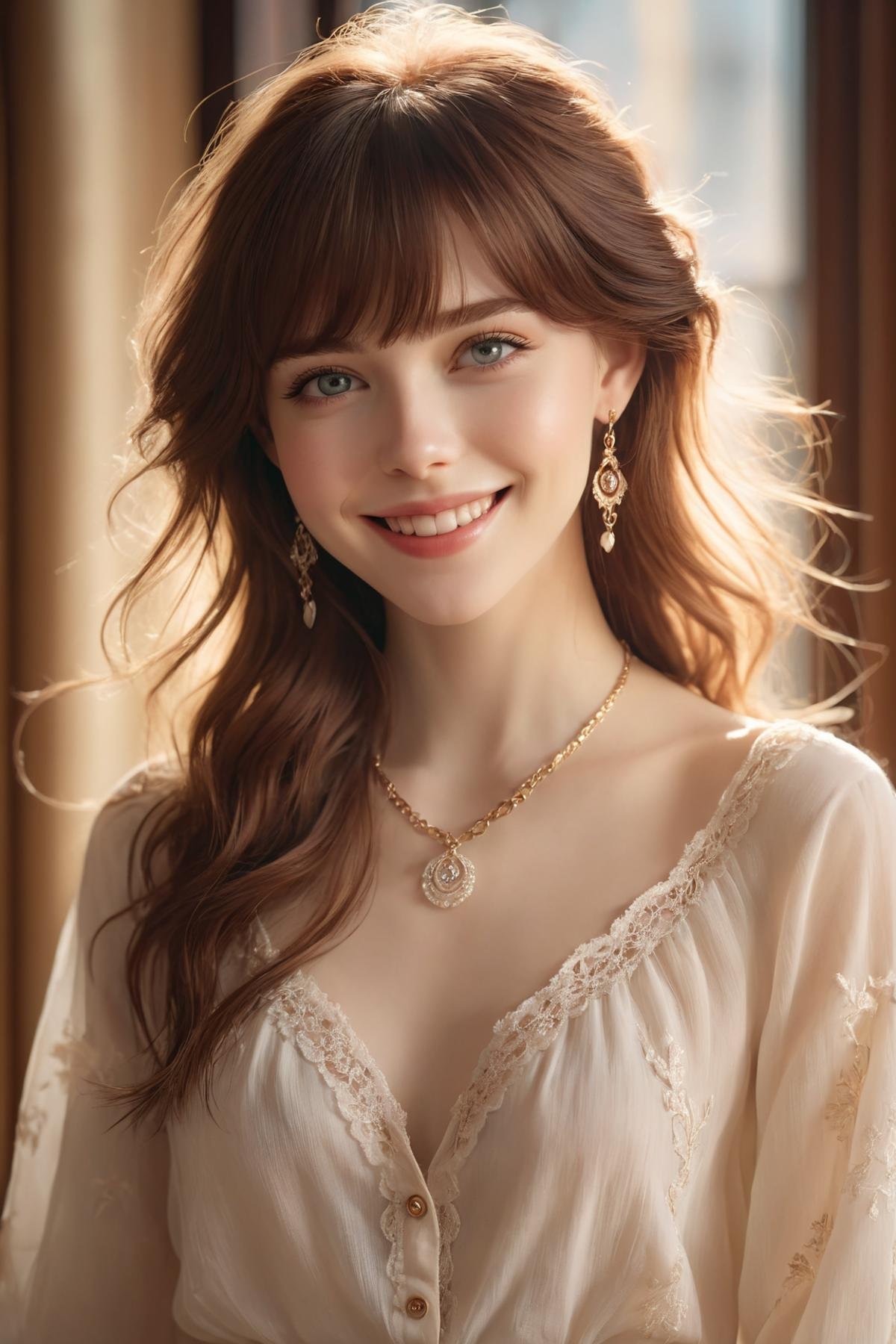 Beautiful, soft light, (beautiful and delicate eyes), very detailed, pale skin, big smile, (long hair), dreamy, medium chest, female 1, ((front shot)), bangs, random hair color, soft expression, elegant , Bright smile, 8k art photo, photorealistic concept art, realistic, person, small necklace, small earrings, fantasy, jewelry, shyness, dreamy soft image,  skirt, shirt, jacket, color ,(masterpiece:1.2), (best quality:1.2), ultra-detailed, best shadow, detailed background, high contrast, (best illumination, an extremely delicate and beautiful), ((cinematic light)), hyper detail, dramatic light, intricate details, 8k,  very aesthetic,  