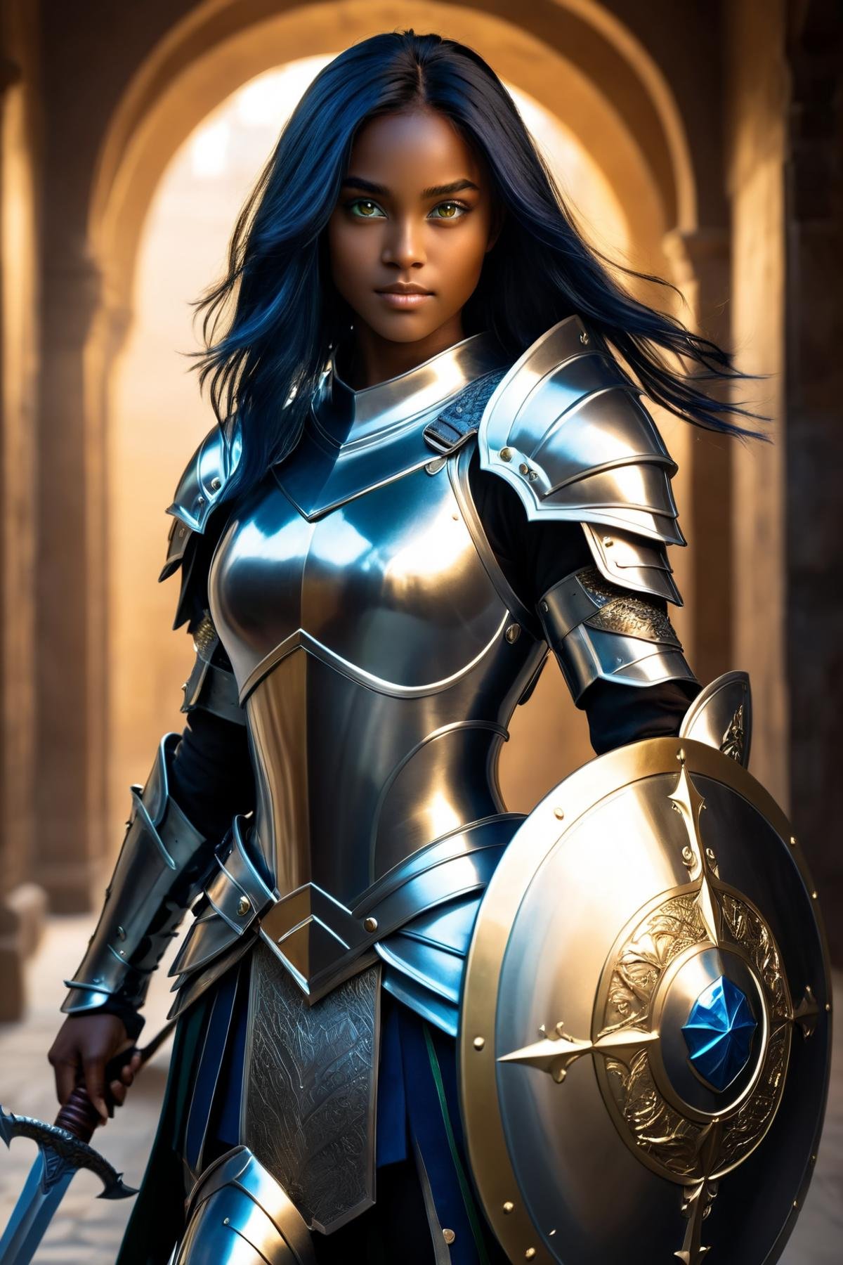 a dark-skinned warrior girl in a silver-gold plated armor, she is holding a sword in her hand, in her other hand she holds a shield, (long dark blue hair), green eyes, light smile, ((she has raised her sword to attack)), photorealisim,(masterpiece:1.2), (best quality:1.2), ultra-detailed, best shadow, detailed background, high contrast, (best illumination, an extremely delicate and beautiful), ((cinematic light)), hyper detail, dramatic light, intricate details, 8k,  very aesthetic,  