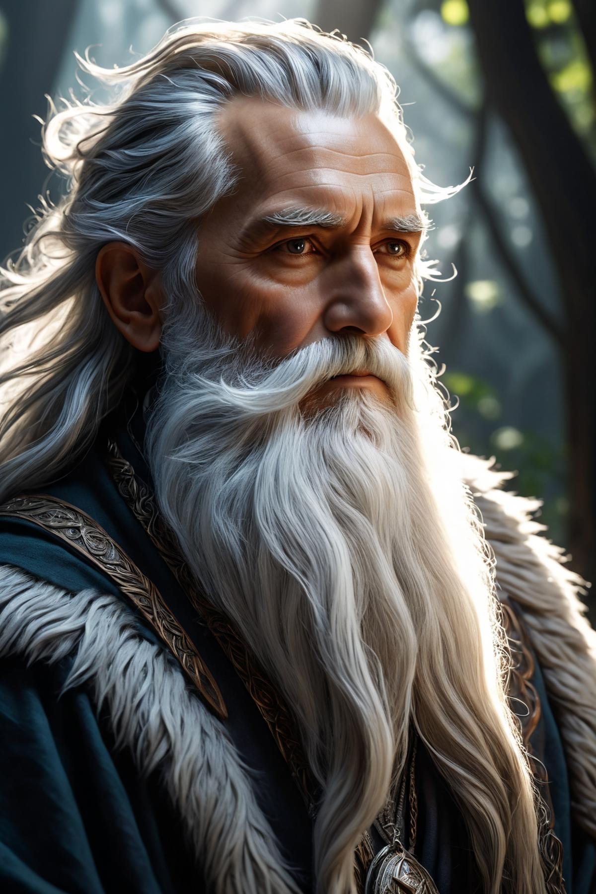 professional artwork, famous artwork, fantasy class, Druid old man, silver long beard, (masterpiece:1.2), (best quality:1.2), ultra-detailed, best shadow, detailed background, high contrast, (best illumination, an extremely delicate and beautiful), ((cinematic light)), hyper detail, dramatic light, intricate details, 8k,  very aesthetic,  