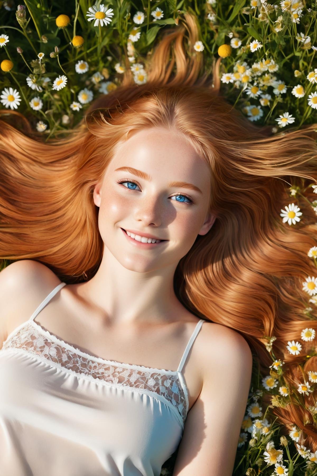 1 beautiful girl, 20yo, long red-blonde hair, blue eyes, smile, (lies on her back in a flower meadow), her arms folded behind her head ,(masterpiece:1.2), (best quality:1.2), ultra-detailed, best shadow, detailed background, high contrast, (best illumination, an extremely delicate and beautiful), ((cinematic light)), hyper detail, dramatic light, intricate details, 8k,  very aesthetic,  