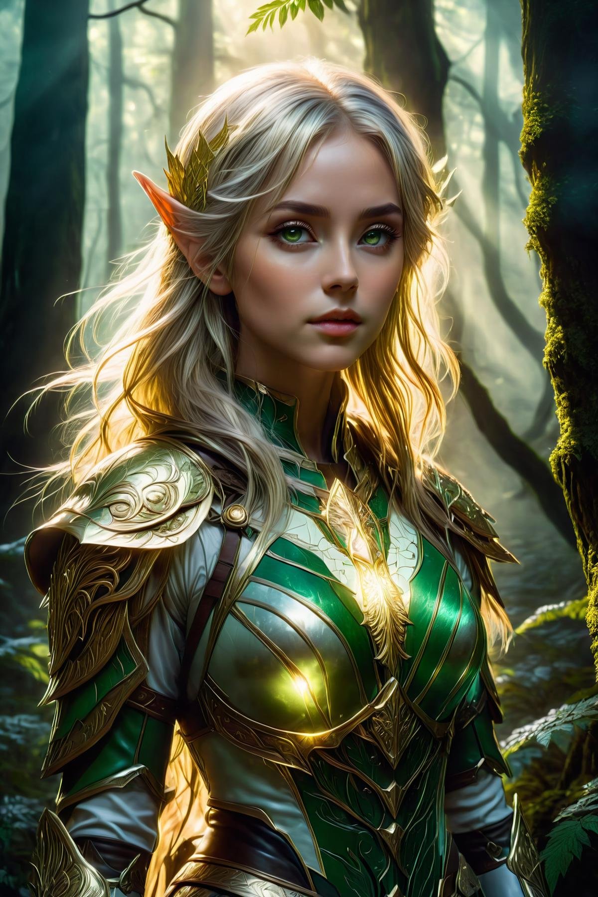 a young female elf with golden-silver hair stands in an ancient forest full of mist and mystical secrets, wearing brown-green leather armor, (masterpiece:1.2), (best quality:1.2), ultra-detailed, best shadow, detailed background, high contrast, (best illumination, an extremely delicate and beautiful), ((cinematic light)), hyper detail, dramatic light, intricate details, 8k,  very aesthetic,   anime, <lora:SDXLFaeTastic2400:1>