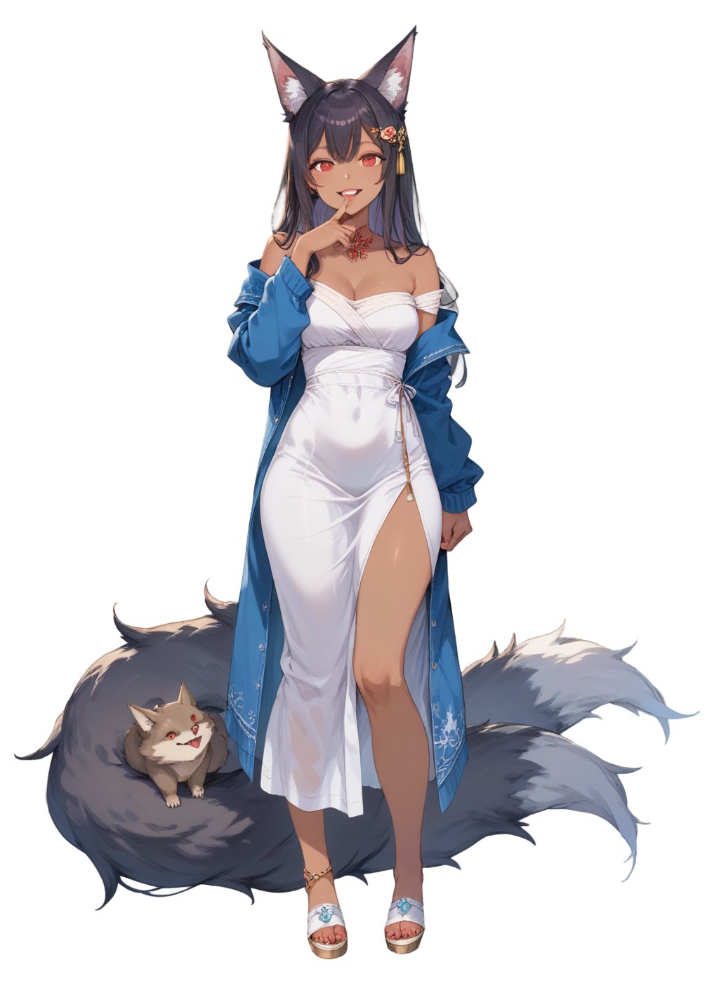 score_9, score_8_up, score_7_up,perfect eyes, kitsune, werewolf, red eyes, black skin, pretty girl, cute girl, teasing, (full_body)