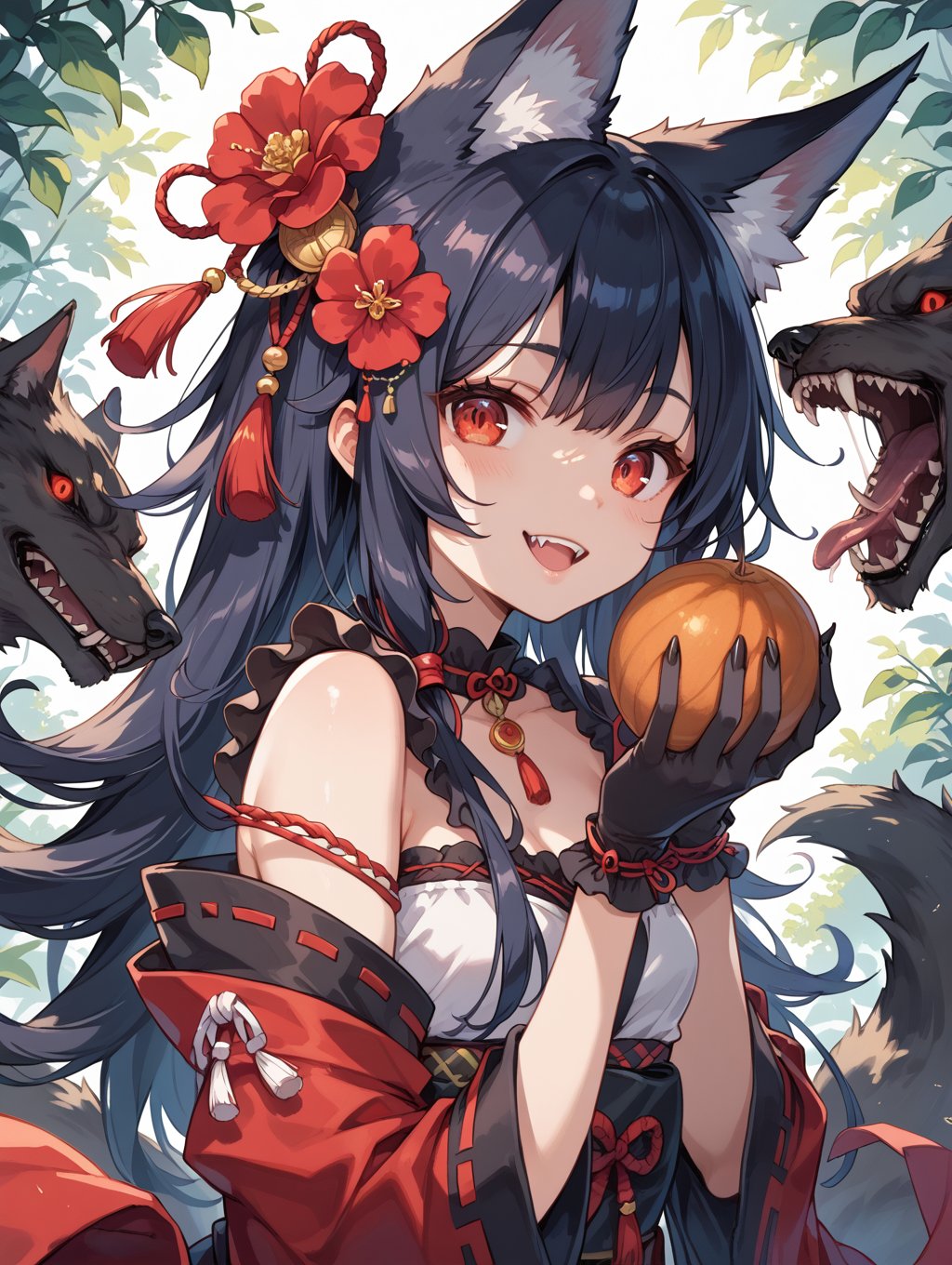 score_9, score_8_up, score_7_up,perfect eyes, kitsune, werewolf, red eyes, black skin, pretty girl, cute girl, teasing