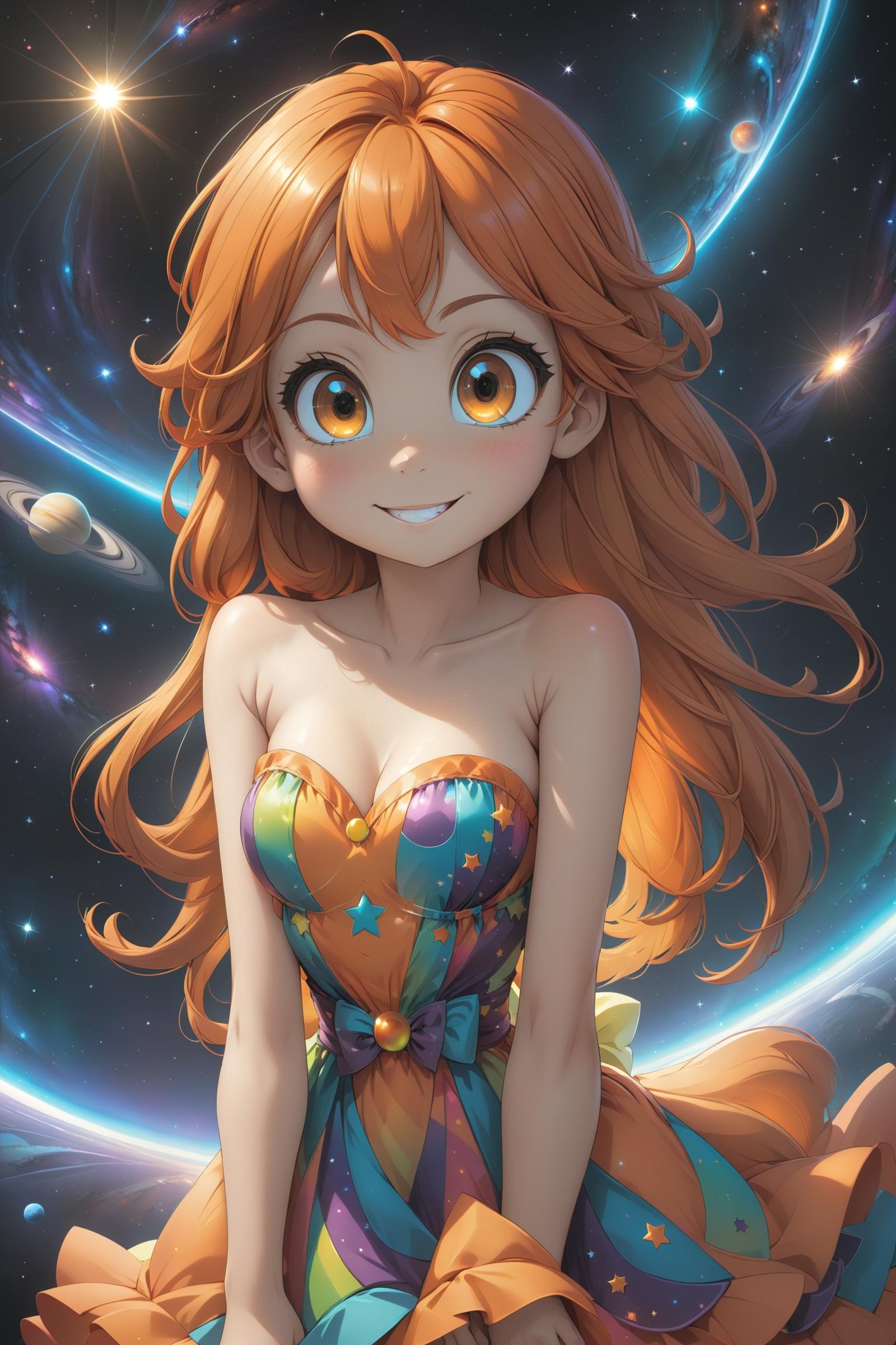 1 girl, most beautiful girl in the unsiverse, perfect beautiful face, beautiful hazel eyes, extreme long orange hair,  shy smile, slim body, small breasts, (colorful half-transparent  dress, strapless, sleeveless), universe in background,(masterpiece:1.2), (best quality:1.2), newest, ai-generated, ultra-detailed, best shadow, detailed background, high contrast, (best illumination, an extremely delicate and beautiful), ((cinematic light)), hyper detail, dramatic light, intricate details, 8k, anime, very aesthetic,