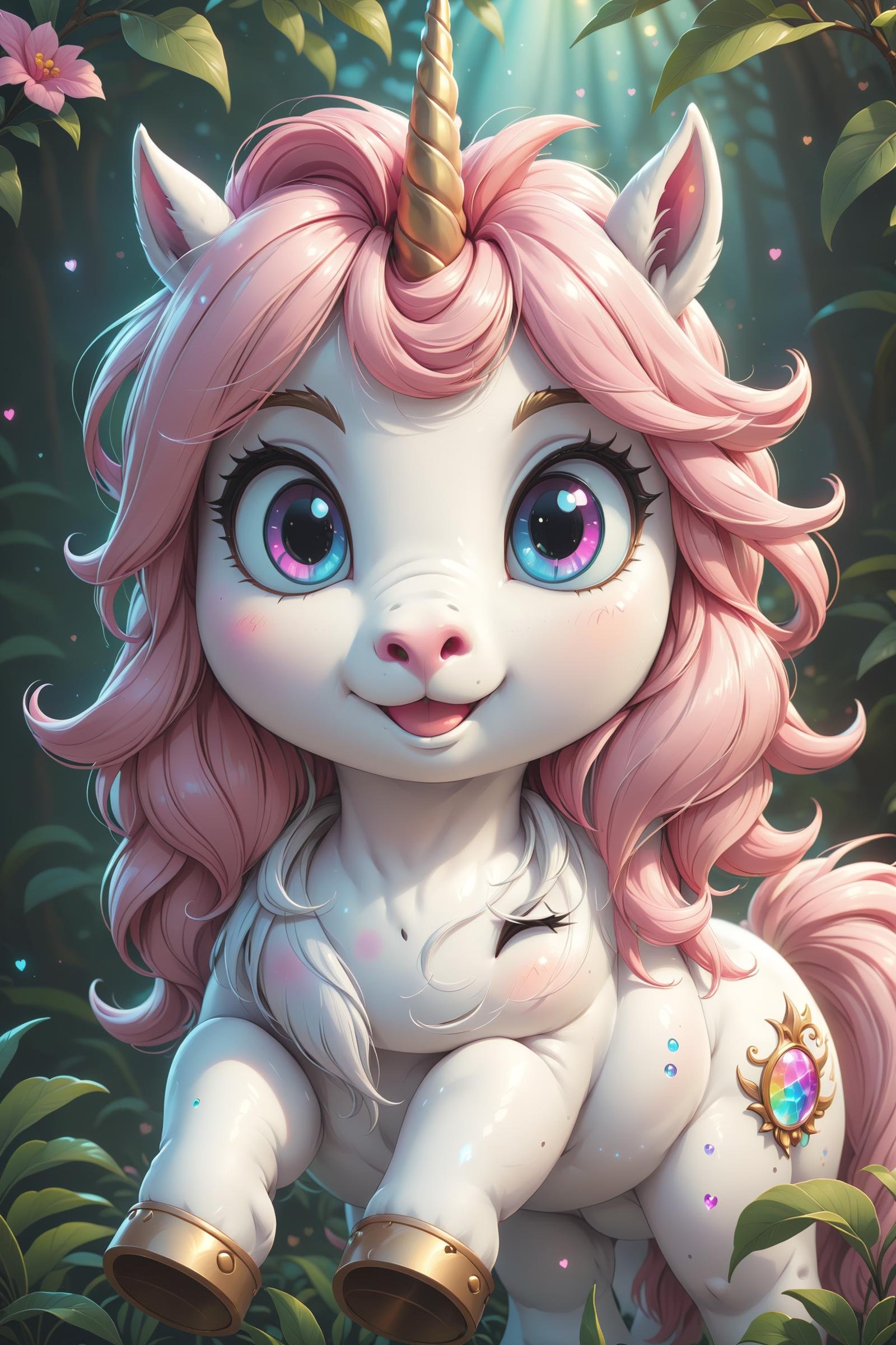 A cute white unicorn with a pink mane,(masterpiece, best quality, ultra-detailed, best shadow), detailed background, (beautiful detailed face), high contrast, (best illumination, an extremely delicate and beautiful), ((cinematic light)), hyper detail, dramatic light, intricate details, 8k, anime, very aesthetic,