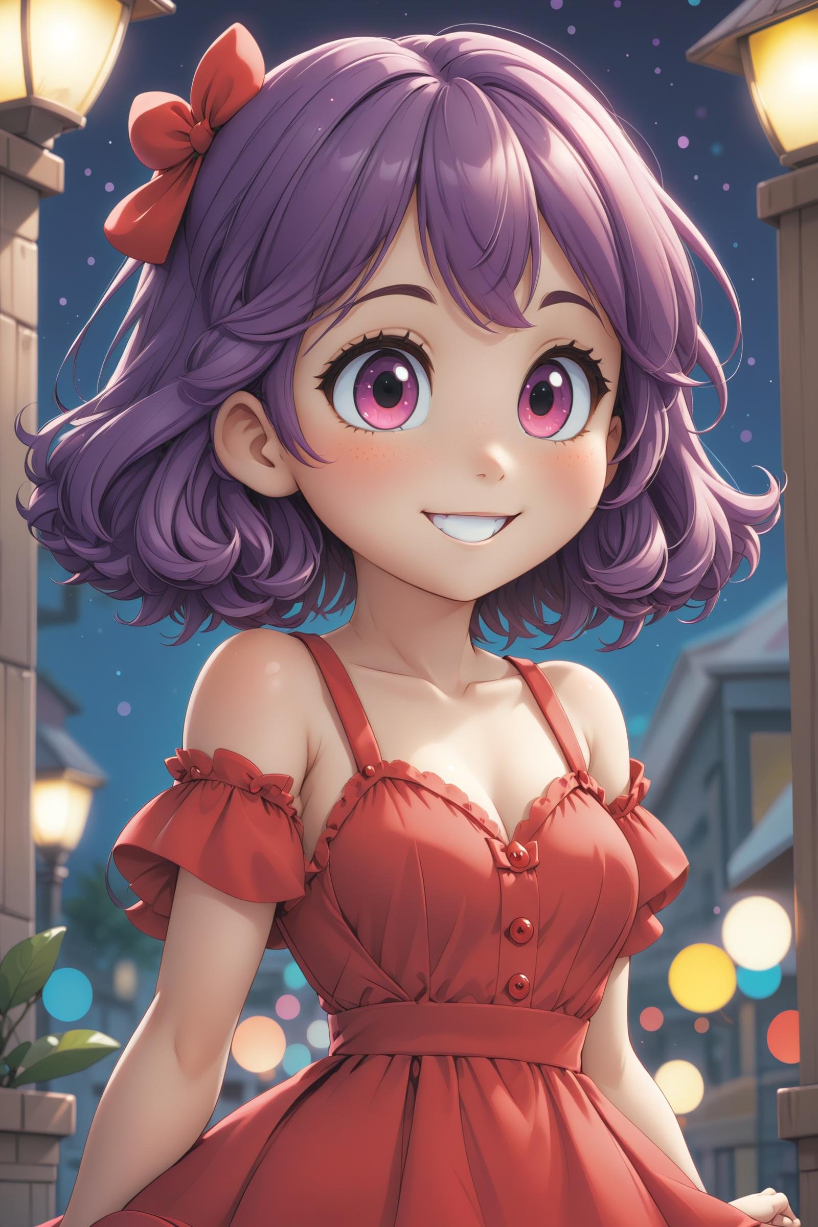 1 cute girl, purple hair, red eyes, (blush:1.1), upper body, (medium small breasts), bright red dress, happy smile, bokeh, (freckles:0.8), portrait,(masterpiece:1.2), (best quality:1.2), newest, ai-generated, ultra-detailed, best shadow, detailed background, high contrast, (best illumination, an extremely delicate and beautiful), ((cinematic light)), hyper detail, dramatic light, intricate details, 8k, anime, very aesthetic