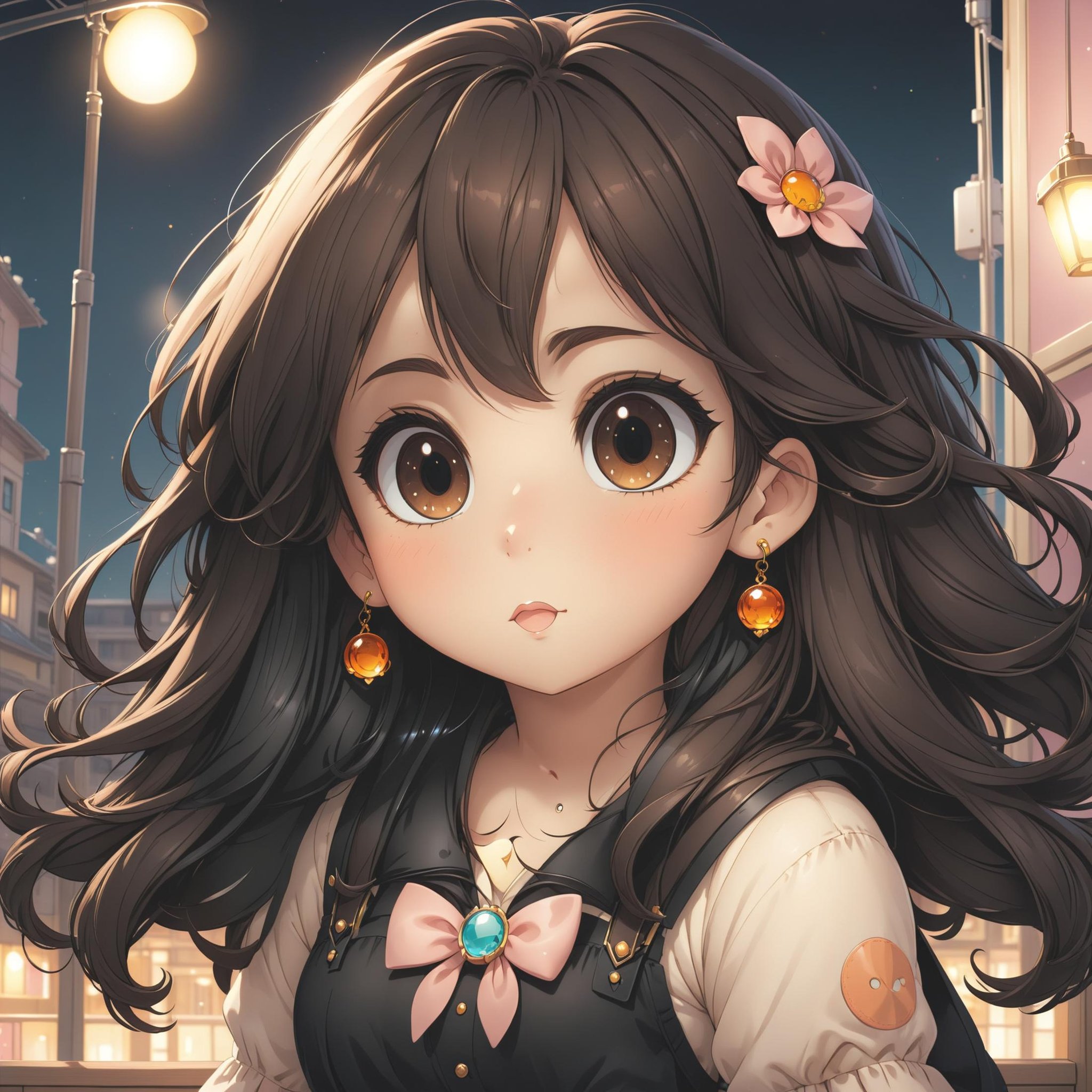 a picture of a painting of a girl with long black hair posing, 1girl, solo, jewelry, earrings, long hair, looking at viewer, parted lips, portrait, lips, black hair, brown eyes, hair between eyes,(masterpiece, best quality, ultra-detailed, best shadow), detailed background, (beautiful detailed face), high contrast, (best illumination, an extremely delicate and beautiful), ((cinematic light)), hyper detail, dramatic light, intricate details, 8k, anime, very aesthetic,