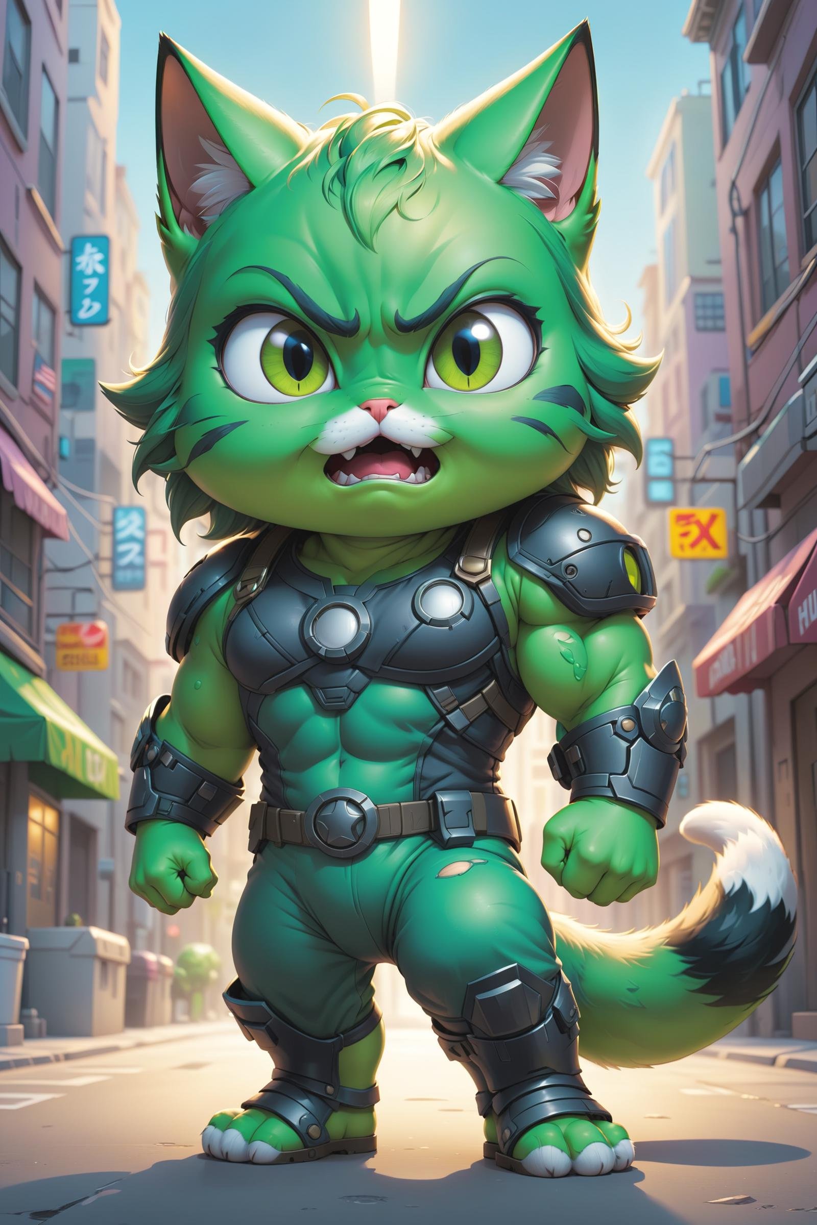 a close-up of a cat dressed as the Hulk, green suit, movie promotional art, digital fox, by Anne Stokes, by Nína Tryggvadóttir, jose miguel roman frances, angry-eyed cat, kawaii swat team, zenescope, by Benito Quinquela Martín , the cutest, half-fox, by Tomás Barceló,(masterpiece:1.2), (best quality:1.2), newest, ai-generated, ultra-detailed, best shadow, detailed background, high contrast, (best illumination, an extremely delicate and beautiful), ((cinematic light)), hyper detail, dramatic light, intricate details, 8k, anime, very aesthetic,