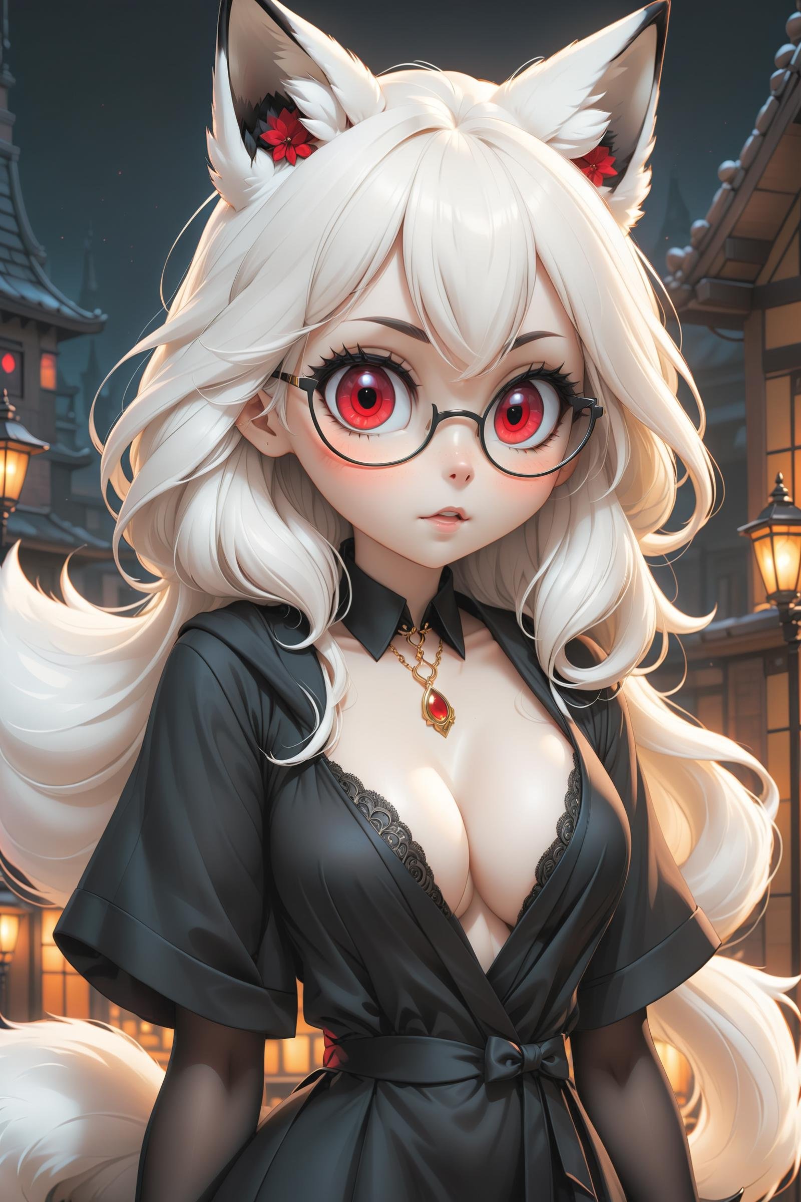 a very cute beautiful albino girl in a beautiful detailed black evening robe, v neck gown, cleavage, gorgeous looking girl, ((small breats)), long white hair, straight hair, bangs, ((red eyes)), glasses, beautiful detailed face and eyes, makeup, ((black smoky eyeshadow)):1.5, (small white fox ears), (white fox tail), beautiful detailed filigree black necklace, ((extreme pale skin)), ((extreme white skin)), ((full body view)), (black highheels boots, translucent stockings), realistic, (masterpiece, best quality, ultra-detailed, best shadow), detailed background, (beautiful detailed face), high contrast, (best illumination, an extremely delicate and beautiful), ((cinematic light)), hyper detail, dramatic light, intricate details, 8k, anime, very aesthetic,