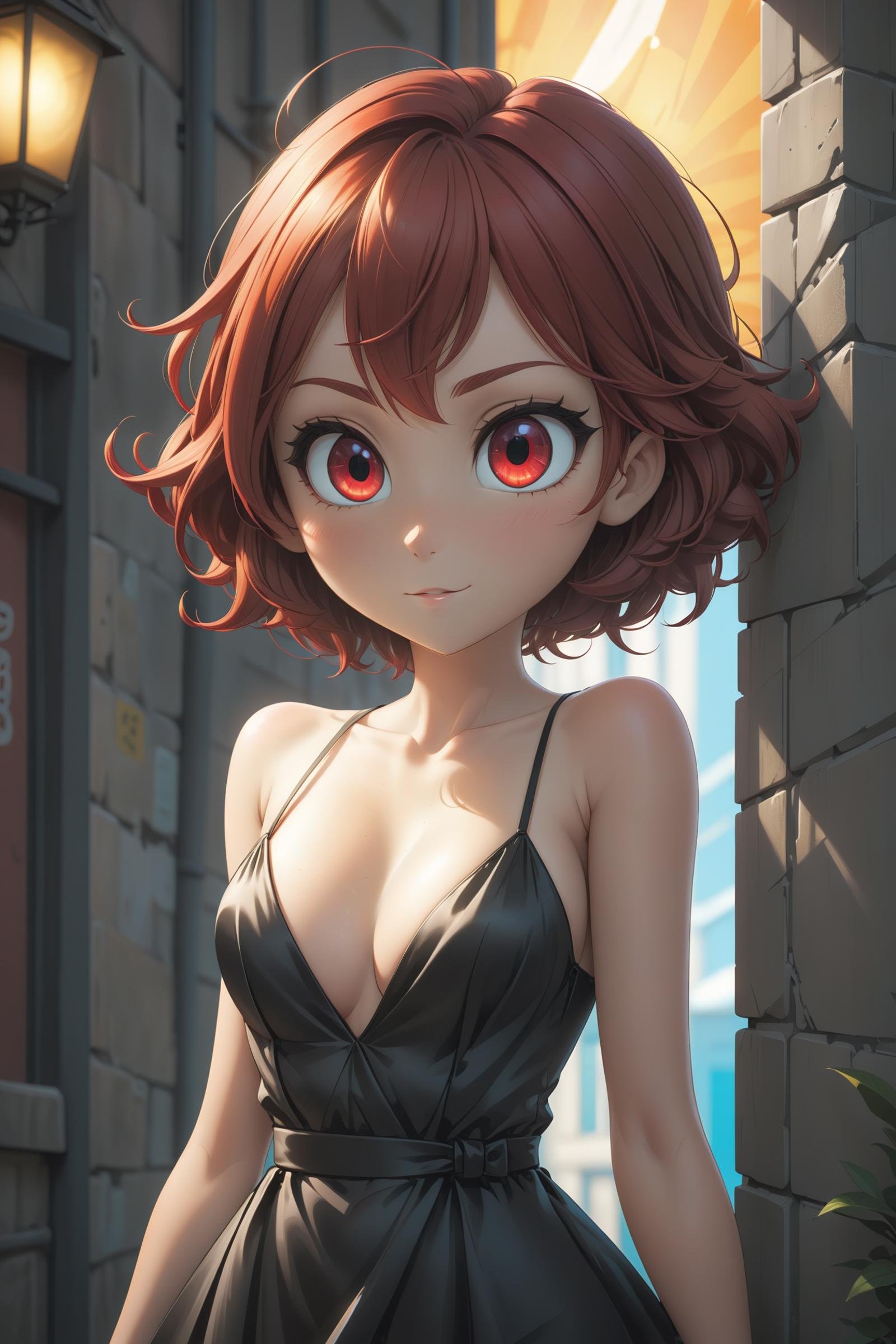 1 beautiful european girl, (beautiful detailed red eyes), perfect eyes, short red hair, cool pose, sensual smile, concrete wall, slim body, small breasts, beautiful detailed black dress, silk spaghetti strap dress with deep V neckline, cleavage, rays of sunshine, photorealisim, cinematic, (masterpiece:1.2), (best quality:1.2), newest, ai-generated, ultra-detailed, best shadow, detailed background, high contrast, (best illumination, an extremely delicate and beautiful), ((cinematic light)), hyper detail, dramatic light, intricate details, 8k, anime, very aesthetic, vibrant color,