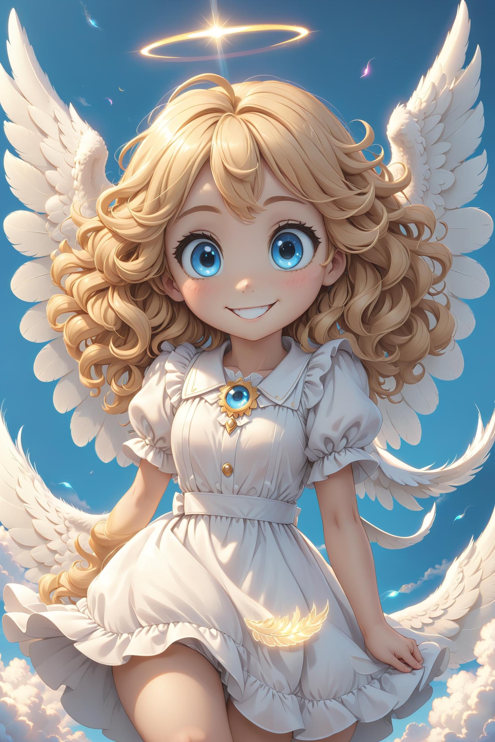 angel girl, 28yo, cute eyes, big round blue eyes, cute big smile, ((long curly blonde hair)), white angel dress, angel feather wings, angel halo over head, on top of white fluffy clouds, blue sky, (masterpiece:1.2), (best quality:1.2), newest, ai-generated, ultra-detailed, best shadow, detailed background, high contrast, (best illumination, an extremely delicate and beautiful), ((cinematic light)), hyper detail, dramatic light, intricate details, 8k, anime, very aesthetic, vibrant color, 