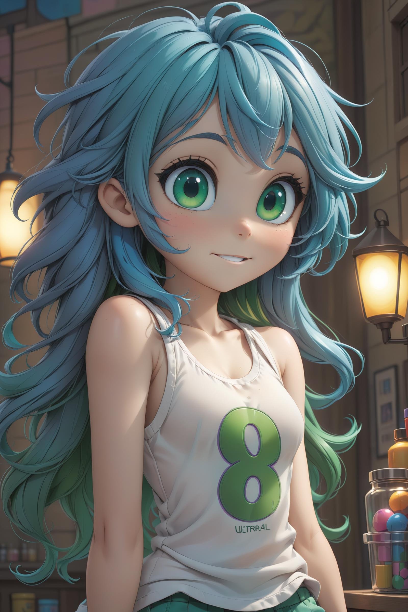 a beautiful blue haired girl, long messy hair, beautiful detailed deep green eyes,  shy smile, small breasts, white tank top, upper body view, ultra realistic, colorful, 3D,(masterpiece:1.2), (best quality:1.2), ultra-detailed, best shadow, detailed background, high contrast, (best illumination, an extremely delicate and beautiful), ((cinematic light)), hyper detail, dramatic light, intricate details, 8k,  very aesthetic,