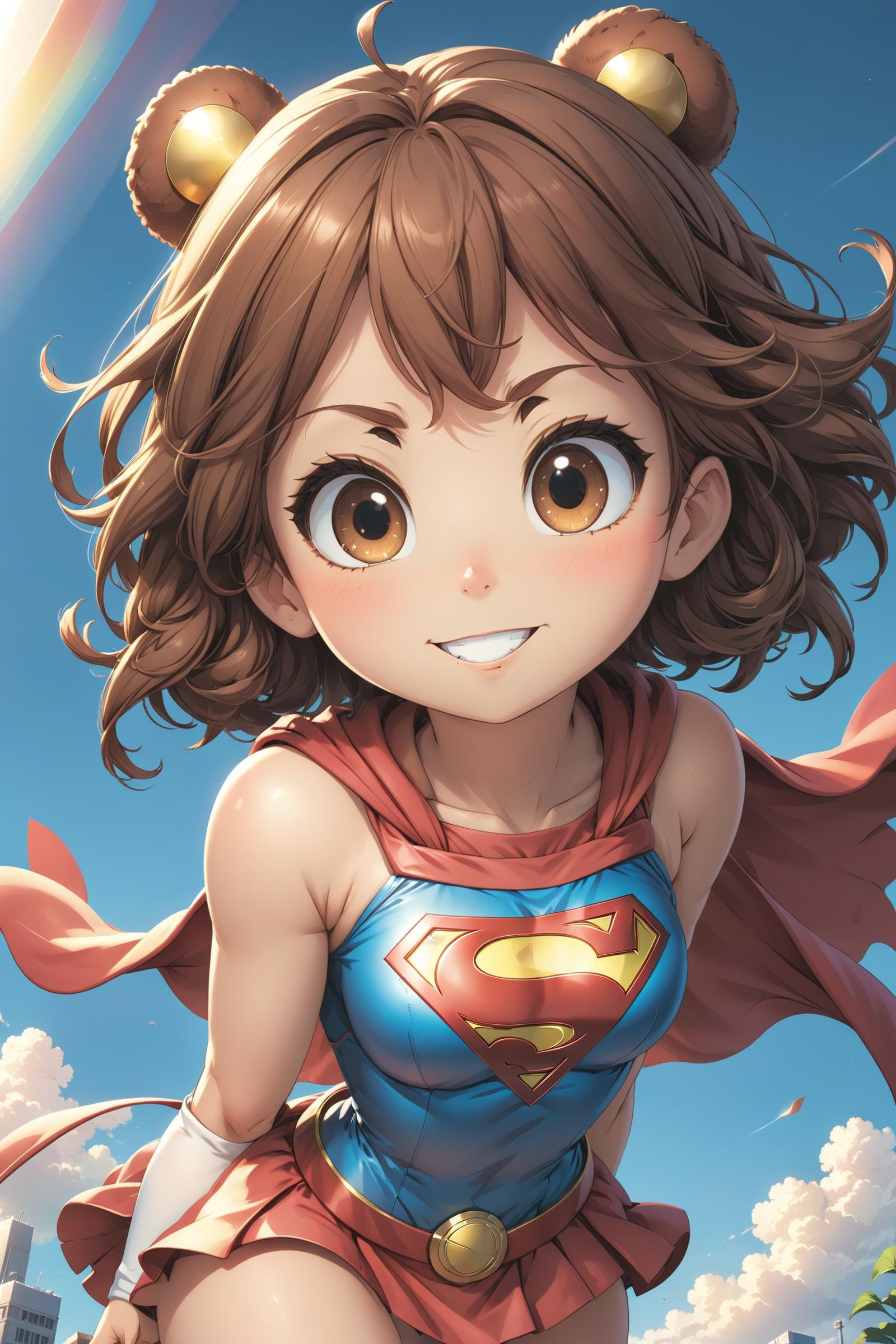 1 cute and beautiful girl, short brown hair, messy hair, ((brown teddy bear ears)):1.4, (round brown teddy bear ears),  golden eyes, snub nose, in a Supergirl costume, smile, small breasts,(masterpiece:1.2), (best quality:1.2), newest, ai-generated, ultra-detailed, best shadow, detailed background, high contrast, (best illumination, an extremely delicate and beautiful), ((cinematic light)), hyper detail, dramatic light, intricate details, 8k, anime, very aesthetic, anime screencap,