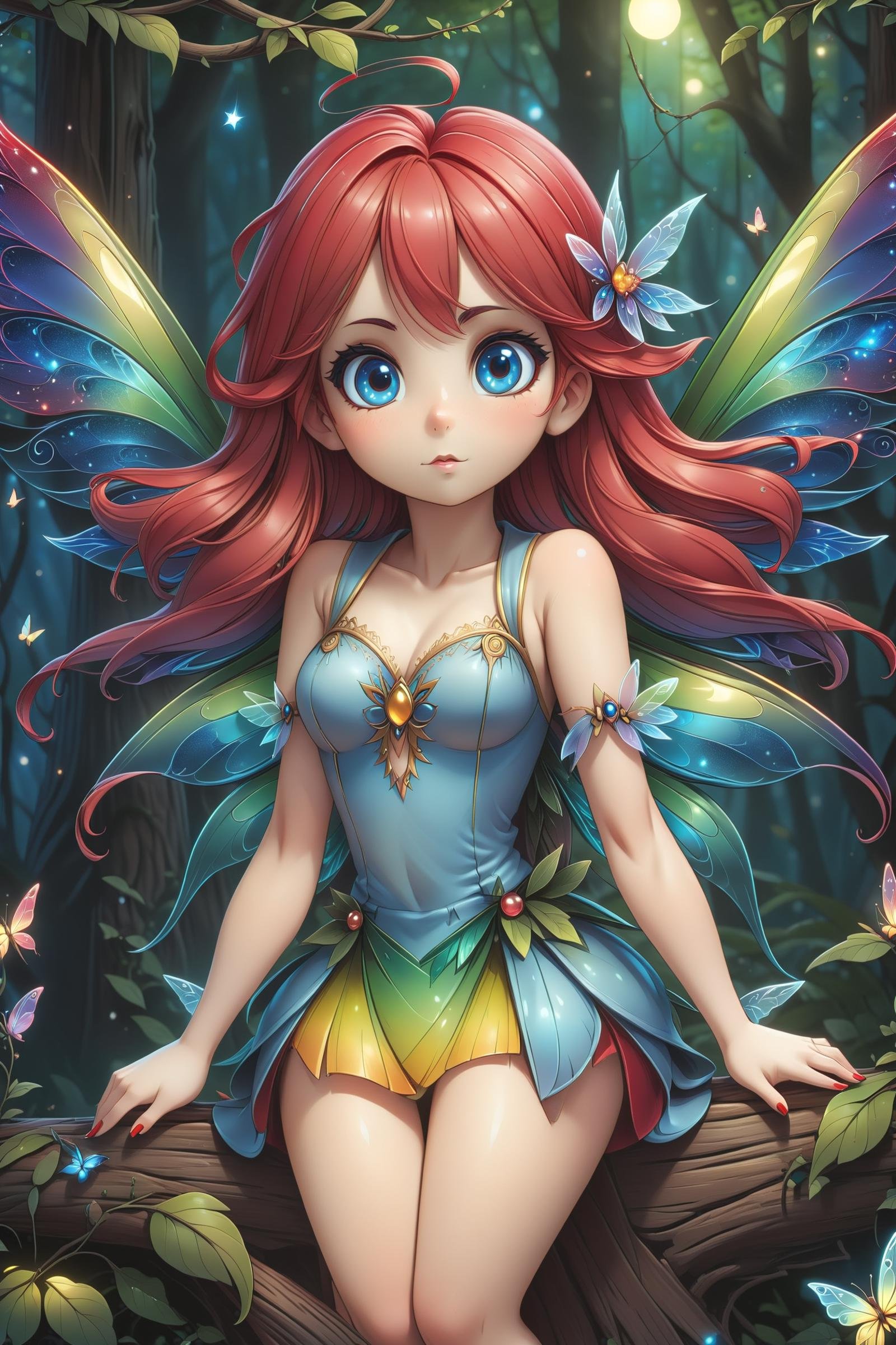 adult european women, 35yo, fairy tale, anime, beautiful detailed face and eyes, stands in a wood, full body, fairy wings, shiny red-blue hair, red high heels,(masterpiece, best quality, ultra-detailed, best shadow), detailed background, (beautiful detailed face), high contrast, (best illumination, an extremely delicate and beautiful), ((cinematic light)), colorful, hyper detail, dramatic light, intricate details, ((vibrant colors)), 8k,  <lora:DonMF41ryW1ng5XL:1>