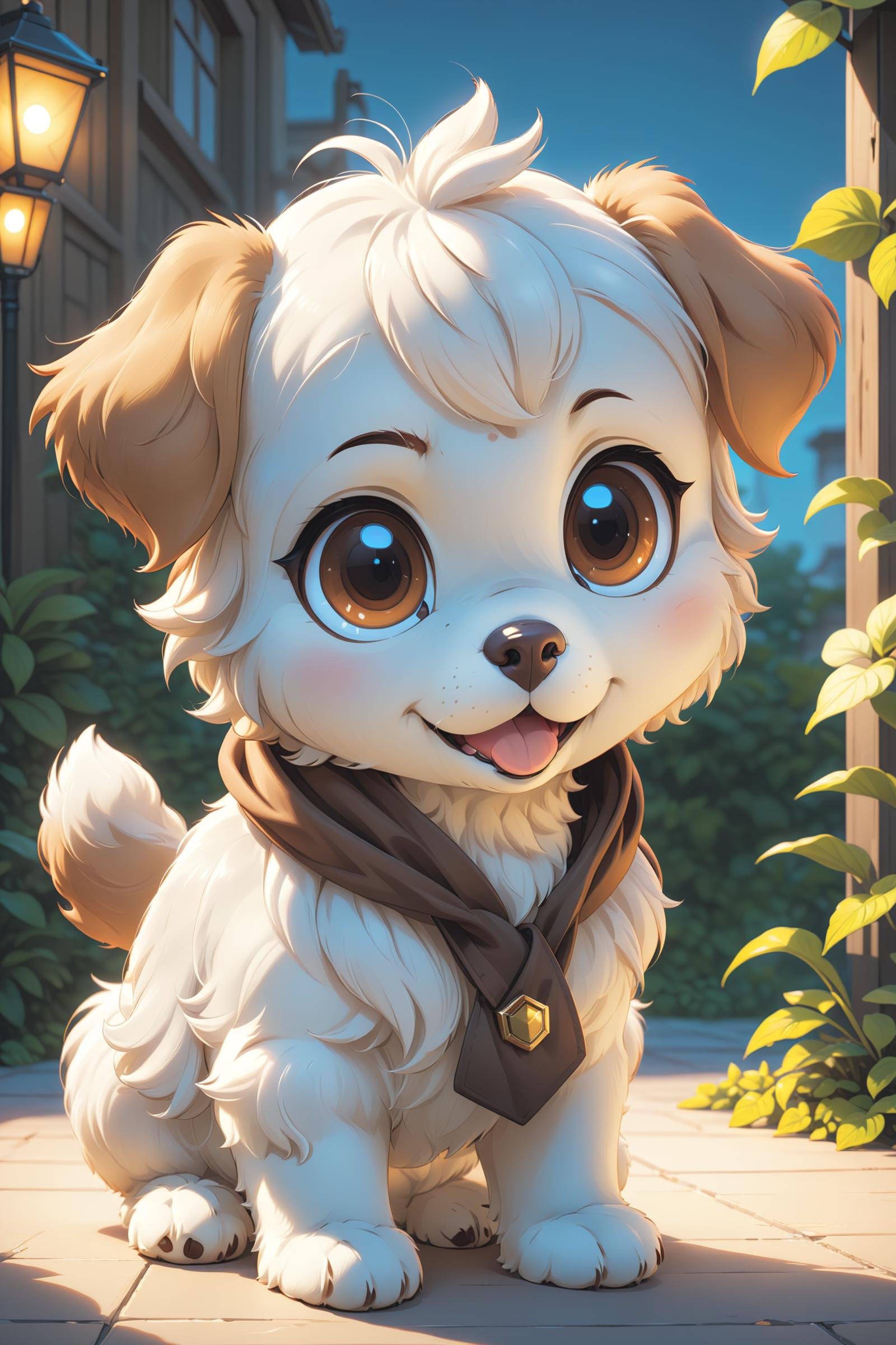 A cute white-brown dog,(masterpiece:1.2), (best quality:1.2), newest, ai-generated, ultra-detailed, best shadow, detailed background, high contrast, (best illumination, an extremely delicate and beautiful), ((cinematic light)), hyper detail, dramatic light, intricate details, 8k, anime, very aesthetic,