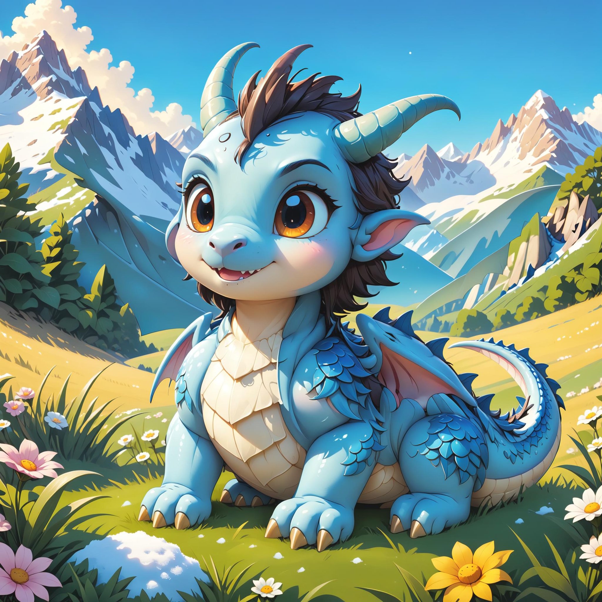 A cute blue dragon sits on a summer meadow, big snow-capped mountains in the background,(masterpiece:1.2), (best quality:1.2), newest, ai-generated, ultra-detailed, best shadow, detailed background, high contrast, (best illumination, an extremely delicate and beautiful), ((cinematic light)), hyper detail, dramatic light, intricate details, 8k, anime, very aesthetic