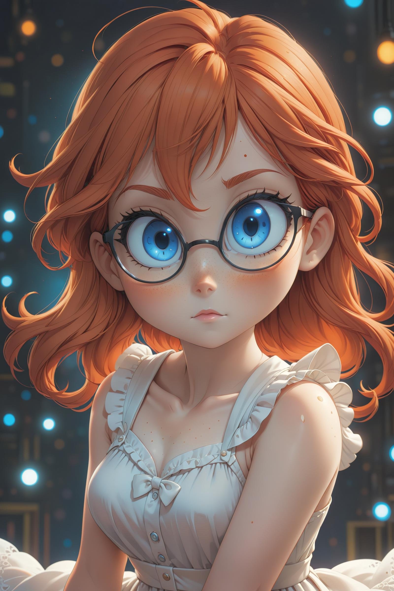 a young woman with red hair, small narrow glasses, wearing a white dress, freckles, looking at viewer, blue eyes, orange-red hair, parted lips, upper body(masterpiece:1.2), (best quality:1.2), newest, ai-generated, ultra-detailed, best shadow, detailed background, high contrast, (best illumination, an extremely delicate and beautiful), ((cinematic light)), hyper detail, dramatic light, intricate details, 8k, anime, very aesthetic,