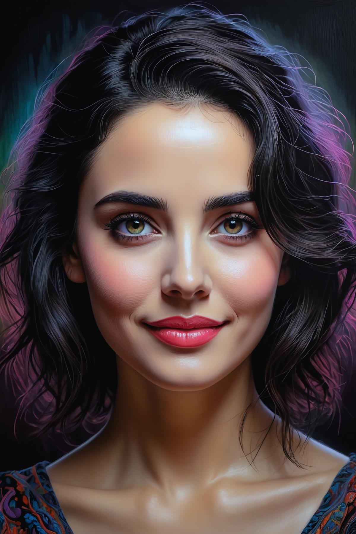 Pastelart, a pastel portrait in expressive style of a ripe attractive, dark hair, dark eyes, a wry smile,mysterious lady, 3/4 view, vivid dark palette, intricately detailed and textured and shaped, high colour contrast, moody lighting, drawing with pastels,perfect eyes, (masterpiece:1.2), (best quality:1.2), intricate details, 8k, very aesthetic,