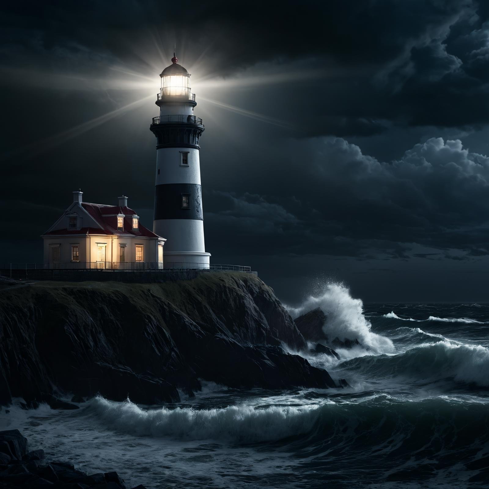 A lighthouse on the coast on a stormy night,(masterpiece:1.2), (best quality:1.2), ultra-detailed, best shadow, detailed background, high contrast, (best illumination, an extremely delicate and beautiful), ((cinematic light)), intricate details, 8k, very aesthetic, photorealistic,