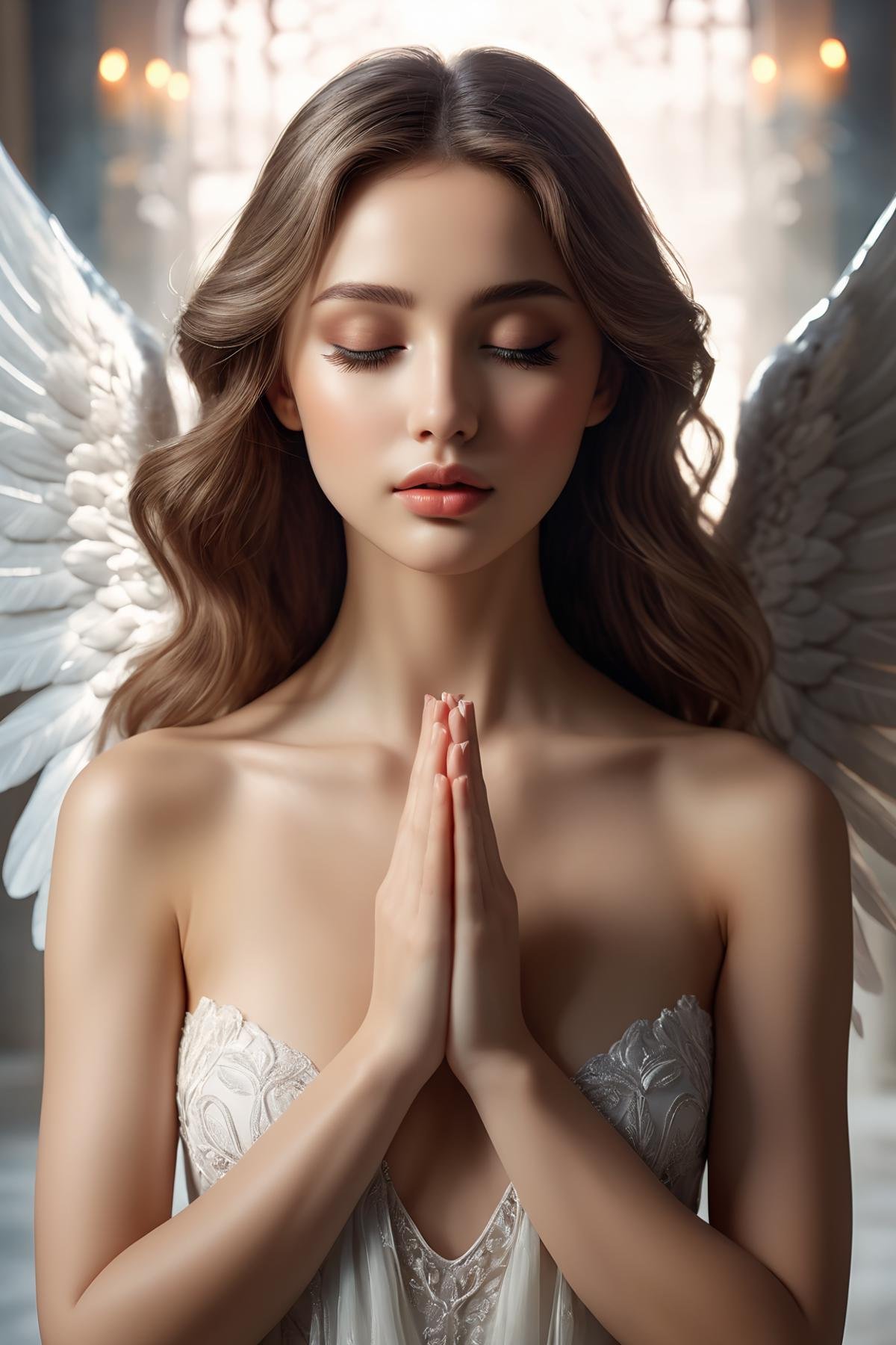 eyes closed looking upside, praying hands, beautiful angel wiht large wings, perfect hands, perfect fingers, (realistic, photorealistic, photo-realistic:1.37), cinematic, inner glowing shining, transparent body, beautiful detailed eyes, beautiful detailed lips, extremely detailed eyes and face, long eyelashes, soft flowing hair, graceful pose, ethereal atmosphere, soft ambient lighting, subtle color grading, sublime beauty, sublime beauty, ethereal background, captivating aura, magical scene, gentle mist, serene environment, surreal ambiance, impeccable composition, vivid colors, luminous glow, fantasy element, mysterious charm, dreamlike quality, hauntingly beautiful, peaceful expression, serene atmosphere, effortless elegance, enchanting allure, mesmerizing presence, sublime grace, angel wings, transcendent beauty, dynamic pose, (masterpiece:1.2), (best quality:1.2), ultra-detailed, best shadow, detailed background, high contrast, (best illumination, an extremely delicate and beautiful), ((cinematic light)), hyper detail, dramatic light, intricate details, 8k, very aesthetic, photorealistic