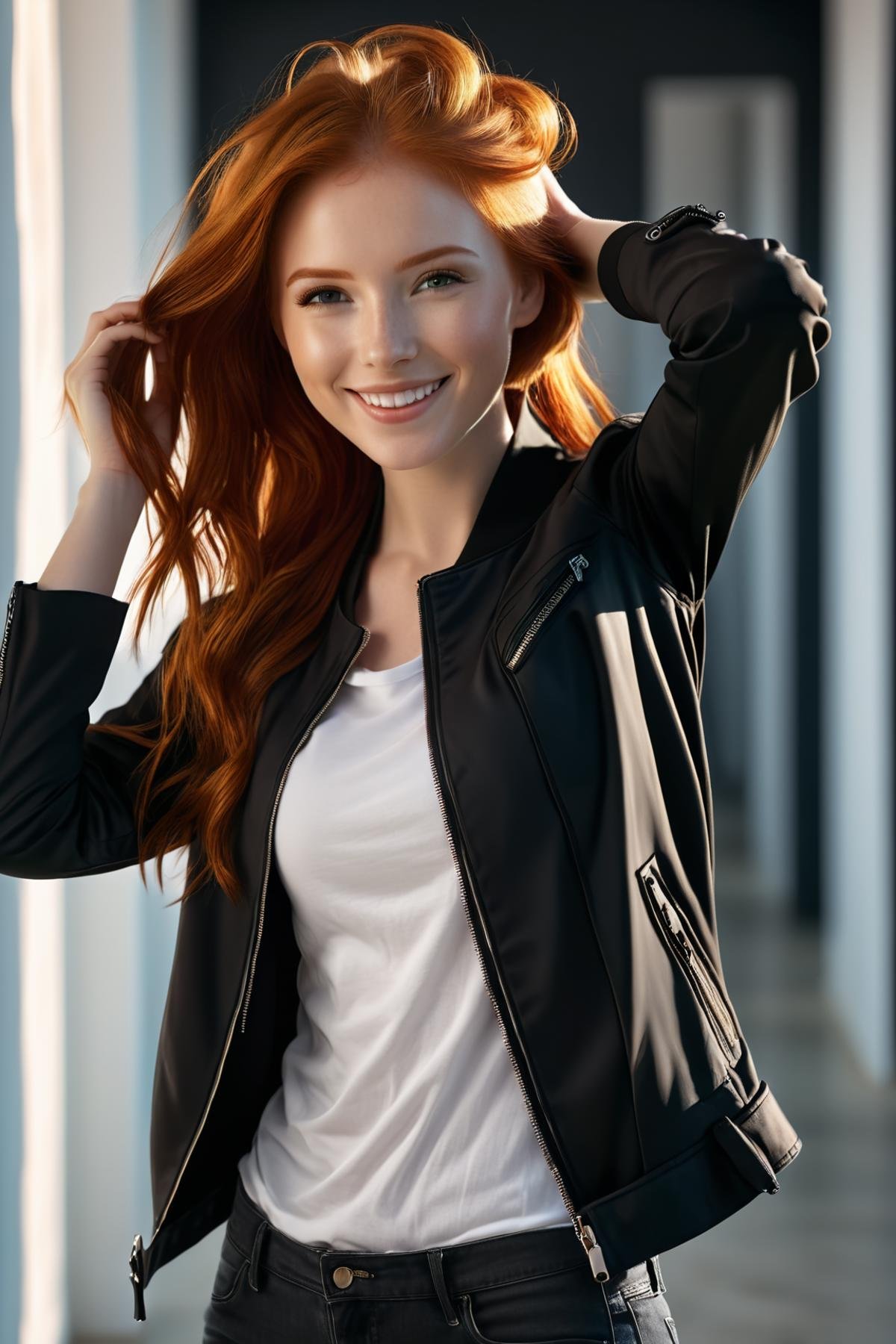 A beautiful red haired girl smiles, open black jacket, white t-shirt, adjust her hair, (masterpiece:1.2), (best quality:1.2), best shadow, detailed background, high contrast, (best illumination, an extremely delicate and beautiful), ((cinematic light)), intricate details, 8k, very aesthetic, photorealistic,