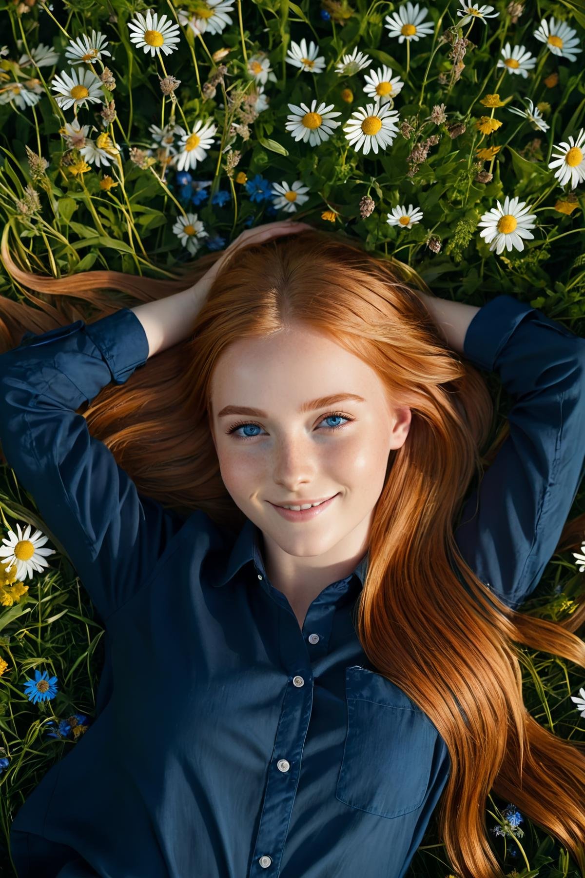 1 beautiful girl, 20yo, long red-blonde hair, blue eyes, smile, (lies on her back in a flower meadow), ((her both arms folded behind her head)), wearing a dark blue shirt,(masterpiece:1.2), (best quality:1.2), ultra-detailed, best shadow, detailed background, high contrast, (best illumination, an extremely delicate and beautiful), ((cinematic light)), hyper detail, dramatic light, intricate details, 8k, very aesthetic, photorealistic,