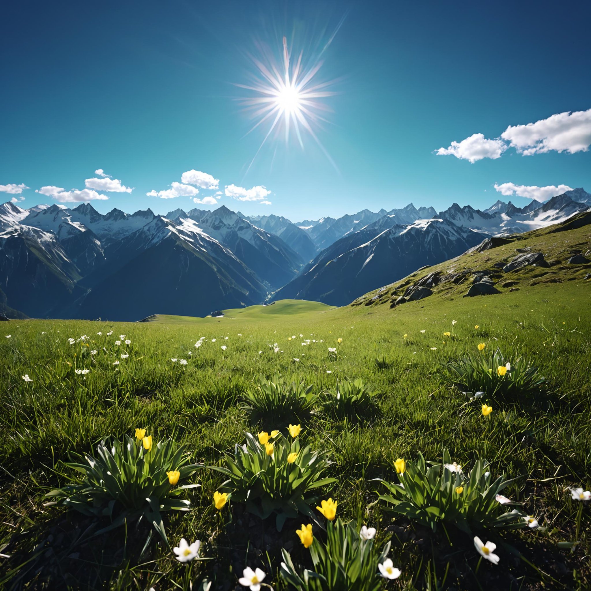 A spring landscape in the Alps, sunshine and blue sky with a few clouds,(masterpiece:1.2), (best quality:1.2),  best shadow, detailed background, high contrast, (best illumination, an extremely delicate and beautiful), ((cinematic light)),  intricate details, 8k, very aesthetic,  photorealistic,