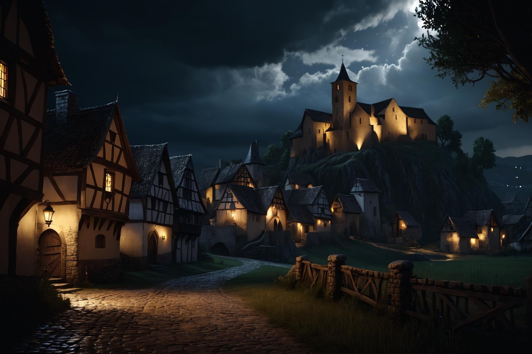 A landscape of a medieval village on a stormy night,(masterpiece:1.2), (best quality:1.2), ultra-detailed, best shadow, detailed background, high contrast, (best illumination, an extremely delicate and beautiful), ((cinematic light)), intricate details, 8k, very aesthetic, photorealistic,