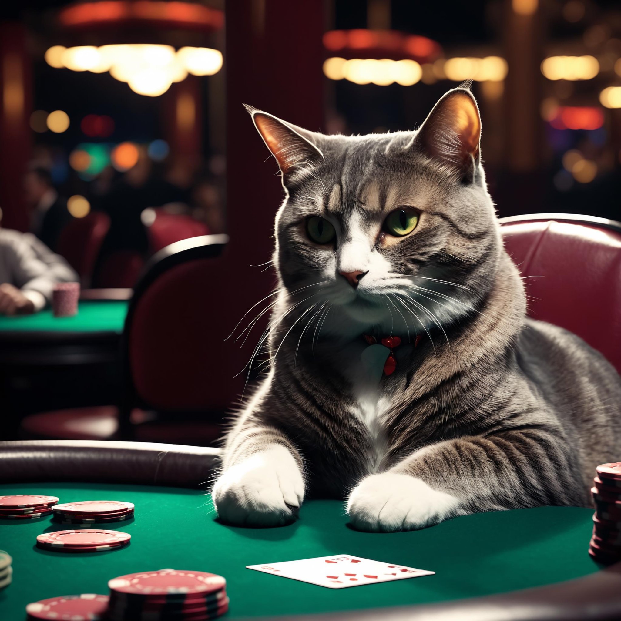 1 cat plays poker in a casinophotography, best quality, medium shot, (masterpiece:1.2), (best quality:1.2), newest, ai-generated, ultra-detailed, best shadow, detailed background, high contrast, (best illumination, an extremely delicate and beautiful), ((cinematic light)), hyper detail, dramatic light, intricate details, 8k, very aesthetic, photorealistic,