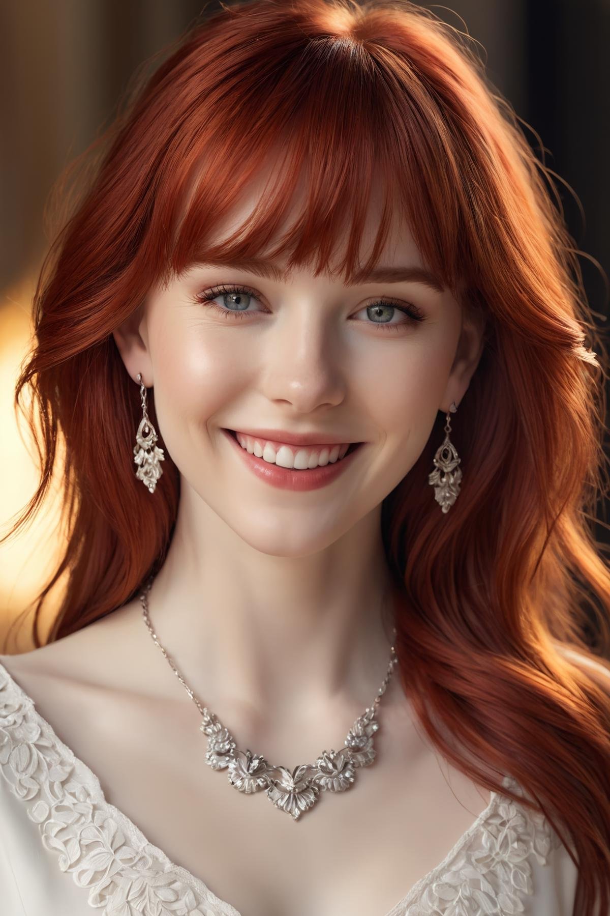 Beautiful, soft light, (beautiful and delicate eyes), very detailed, pale skin, big smile, (long hair), dreamy, medium chest, female 1, ((front shot)), bangs, fiery red hair, soft expression, elegant , Bright smile, 8k art photo, photorealistic concept art, realistic, person, small necklace, small earrings, fantasy, jewelry, shyness, dreamy soft image, skirt, shirt, jacket, color , (masterpiece:1.2), (best quality:1.2), ultra-detailed, best shadow, detailed background, high contrast, (best illumination, an extremely delicate and beautiful), ((cinematic light)), hyper detail, dramatic light, intricate details, 8k, very aesthetic,  photorealistic,