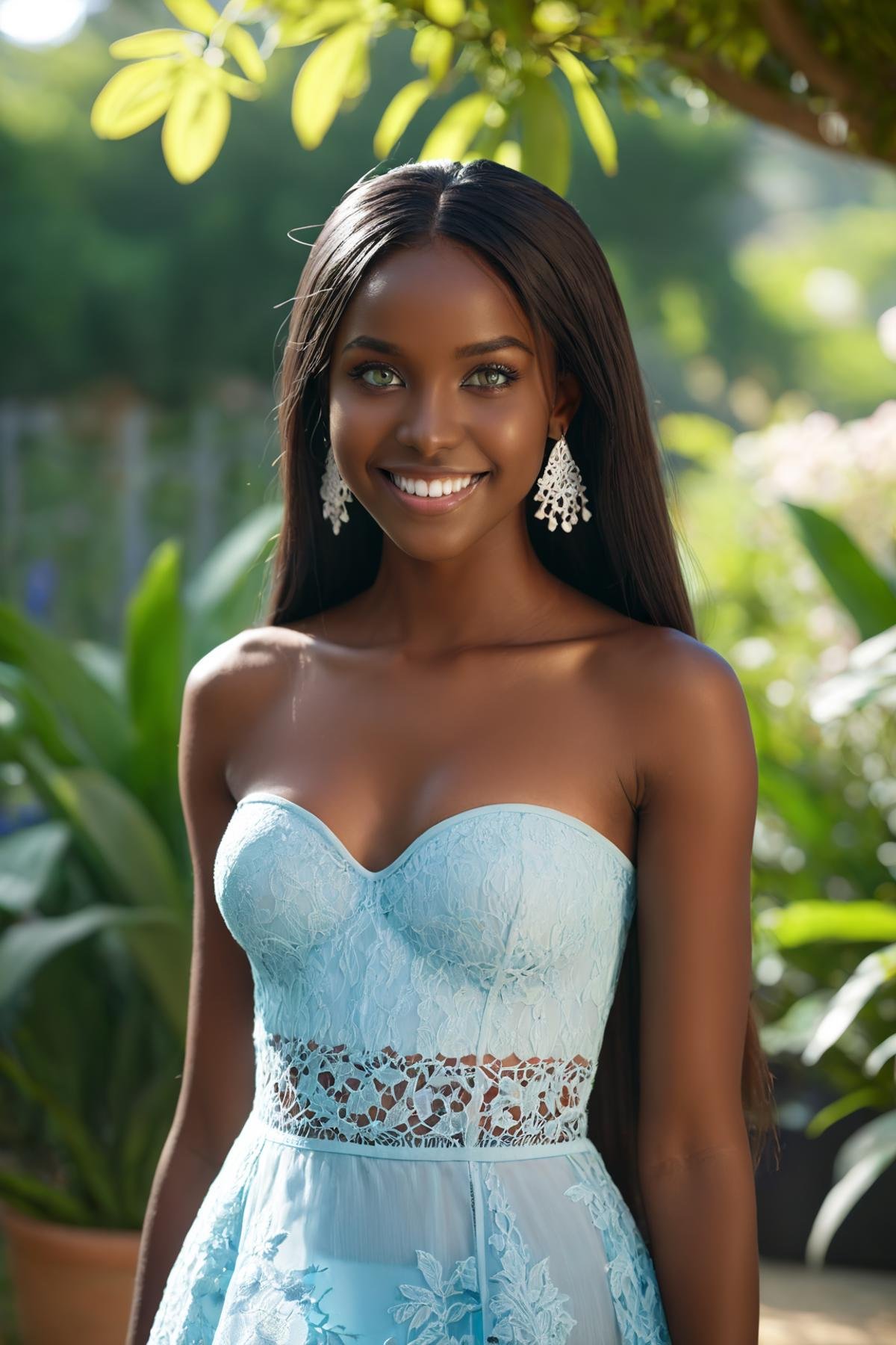 1 beautiful dark skinned girl, (dark skin):1.3, ebony, beautiful detailed dark green eyes, beautiful detailed face, long straight hair, smile, teeth, earrings, bokeh, innocent, slim body, small breasts, bare shoulders, light blue lace dress, strapless, upper body, portrait photo, face focus, in a african garden, blurred background,(masterpiece:1.2), (best quality:1.2), newest, ai-generated, ultra-detailed, best shadow, detailed background, high contrast, (best illumination, an extremely delicate and beautiful), ((cinematic light)), hyper detail, dramatic light, intricate details, 8k, anime, very aesthetic,