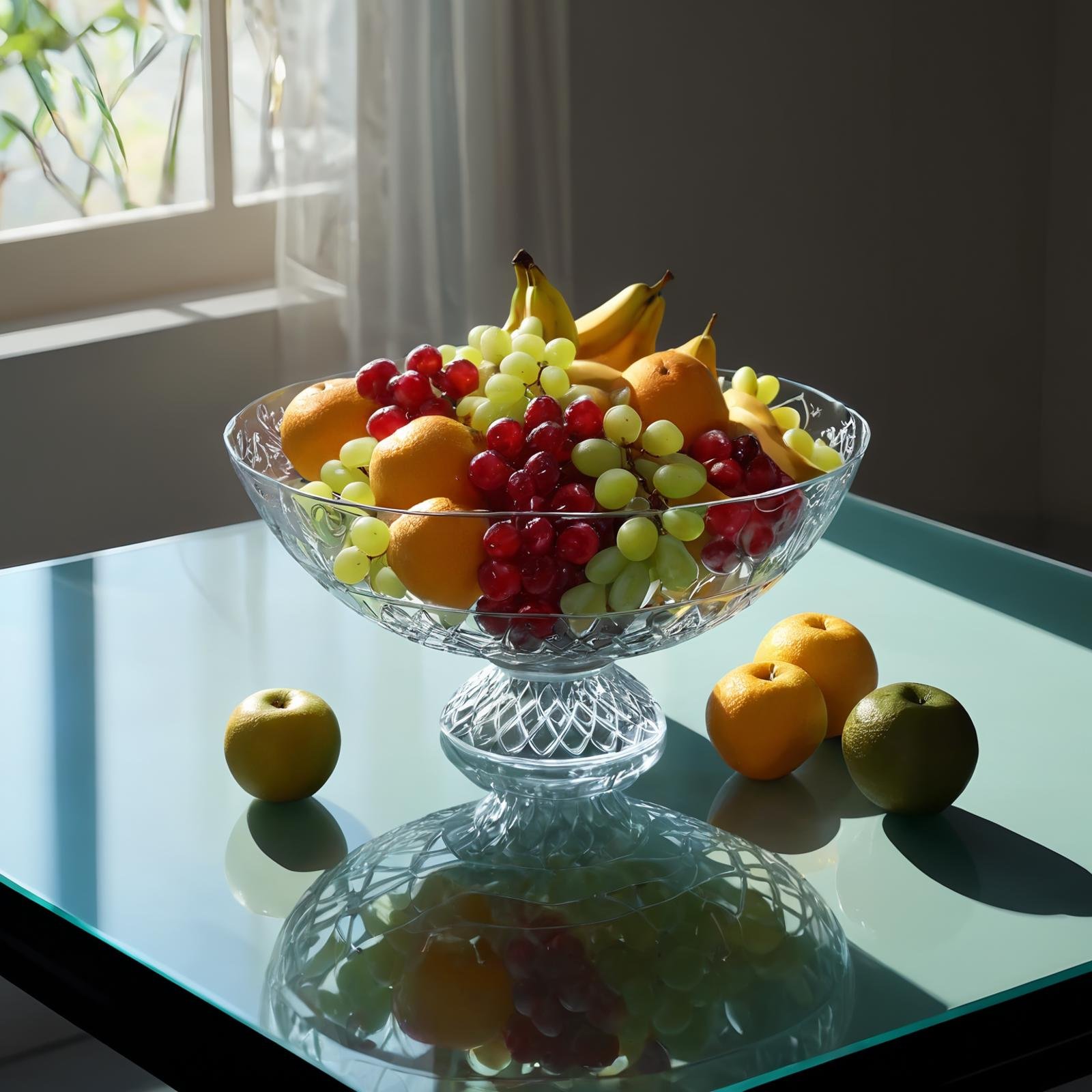 A bowl of fruit on a glass table(masterpiece:1.2), (best quality:1.2), ultra-detailed, best shadow, detailed background, high contrast, (best illumination, an extremely delicate and beautiful), ((cinematic light)), intricate details, 8k, very aesthetic, photorealistic,