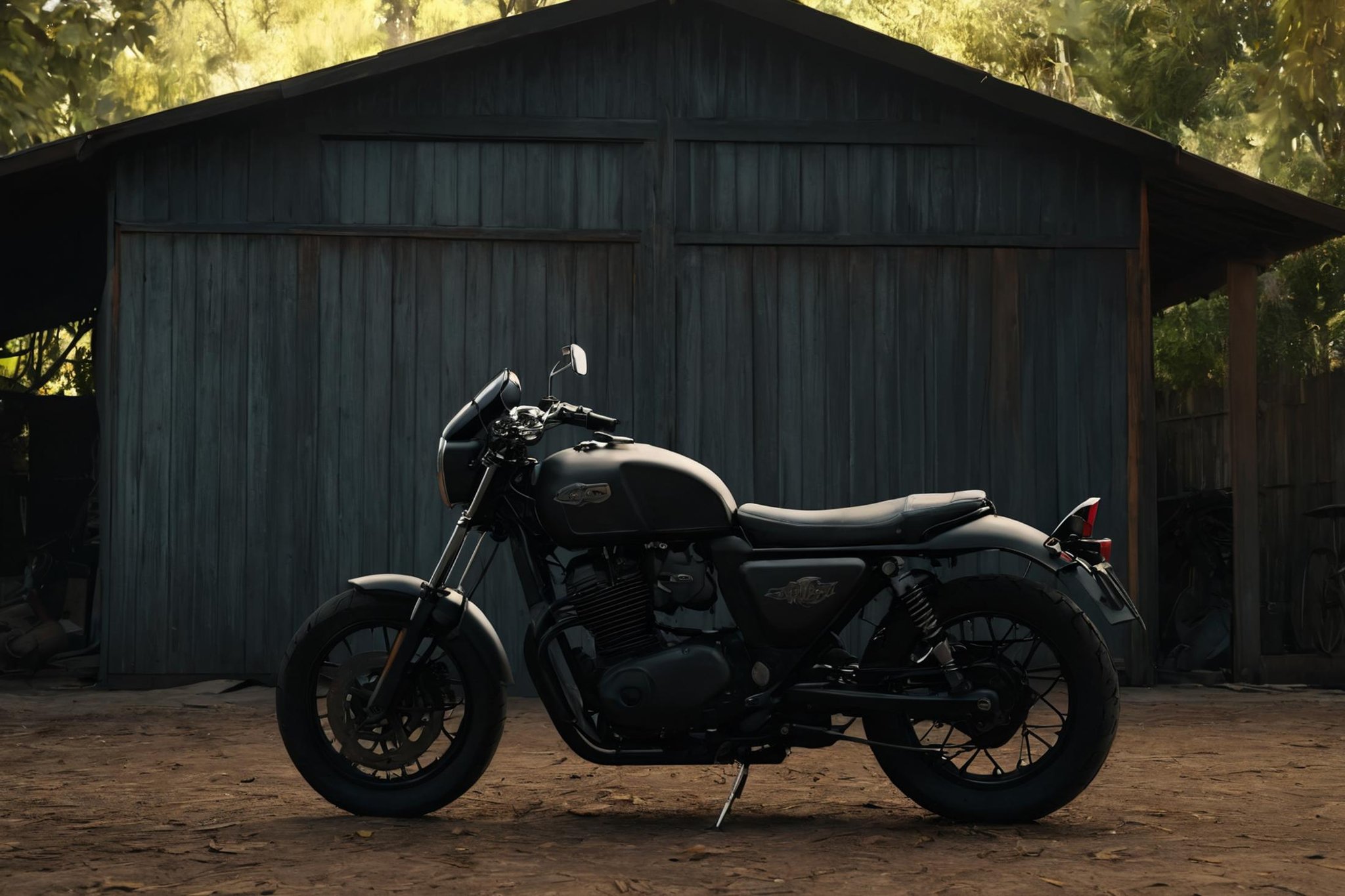 A motorcycle in front of an old shed,(masterpiece:1.2), (best quality:1.2), ultra-detailed, best shadow, detailed background, high contrast, (best illumination, an extremely delicate and beautiful), ((cinematic light)), intricate details, 8k, very aesthetic, photorealistic,