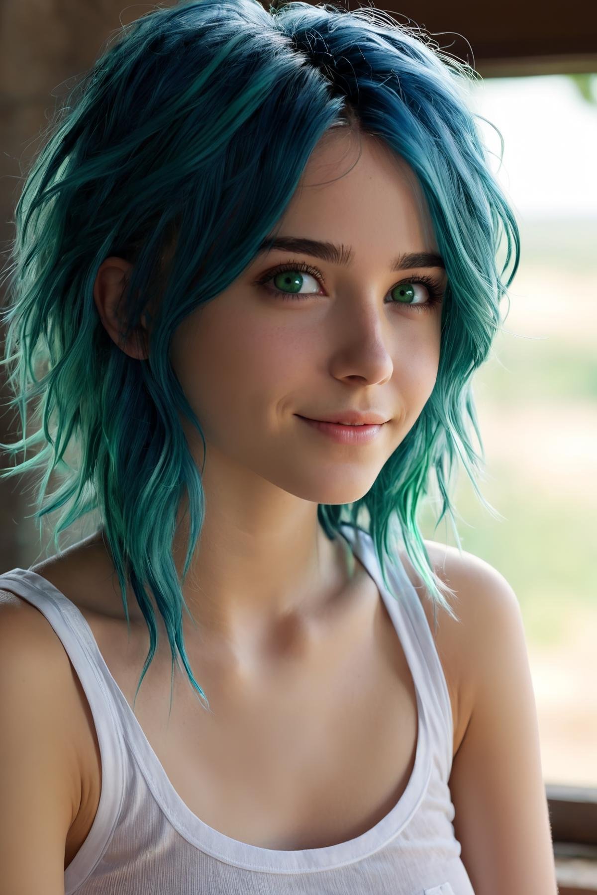 a beautiful blue haired girl, long messy hair, beautiful detailed deep green eyes,  shy smile, small breasts, white tank top, upper body view, ultra realistic,(masterpiece:1.2), (best quality:1.2), ultra-detailed, best shadow, detailed background, high contrast, (best illumination, an extremely delicate and beautiful), ((cinematic light)), hyper detail, dramatic light, intricate details, 8k,  very aesthetic,