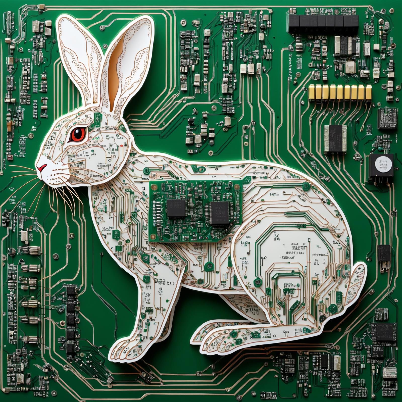 circuit diagram art,Rabbit drawn with a circuit diagram,circuit board, resistor, chip, LSI, (masterpiece:1.2), (best quality:1.2),  intricate details, 8k, very aesthetic, photorealistic,