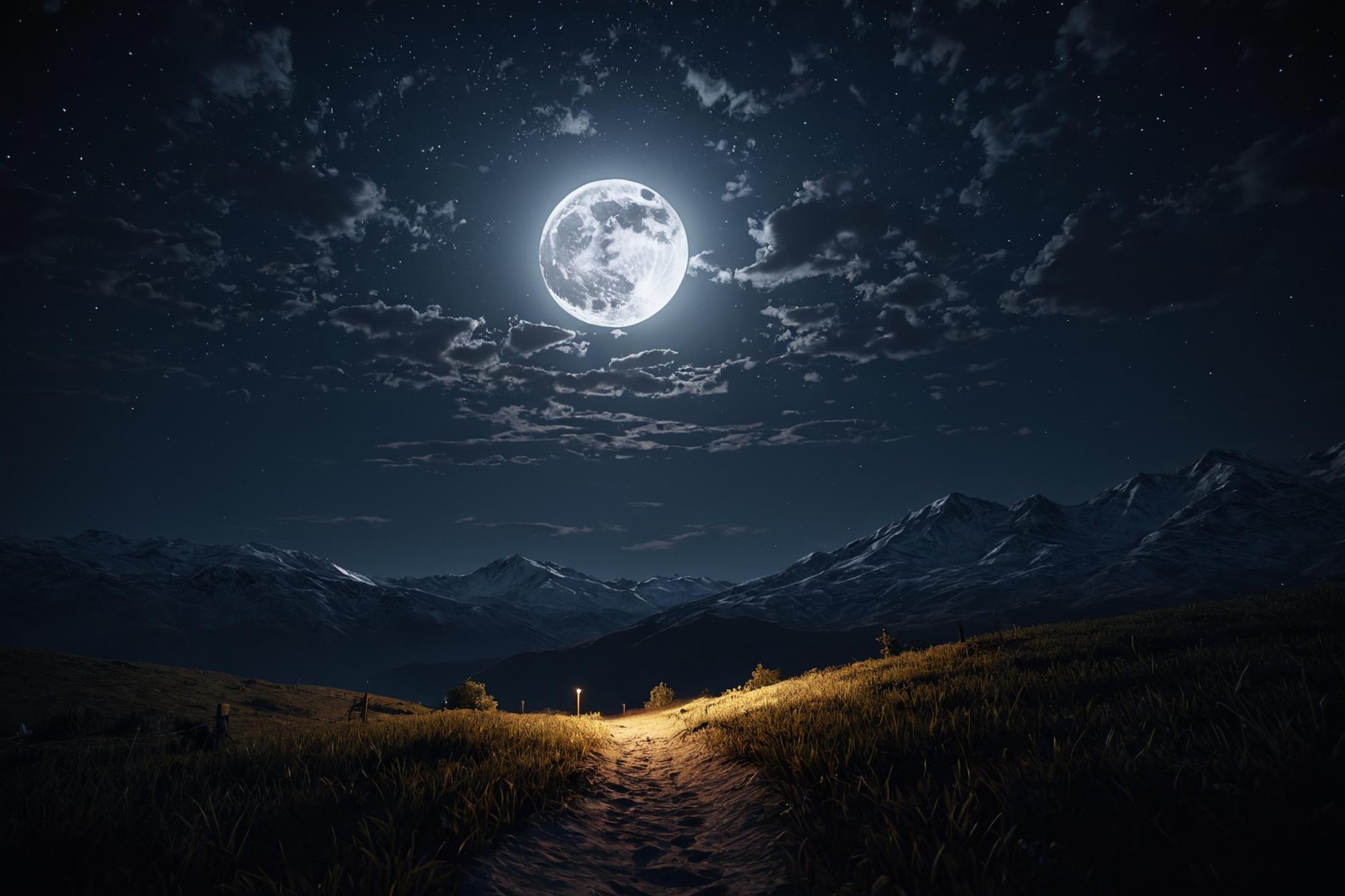 RAW photo, 16K, high contrast, movue poster, night starly sky and fullmoon, (masterpiece:1.2), (best quality:1.2), newest, ai-generated, ultra-detailed, best shadow, detailed background, high contrast, (best illumination, an extremely delicate and beautiful), ((cinematic light)), hyper detail, dramatic light, intricate details, 8k, very aesthetic, photorealistic,