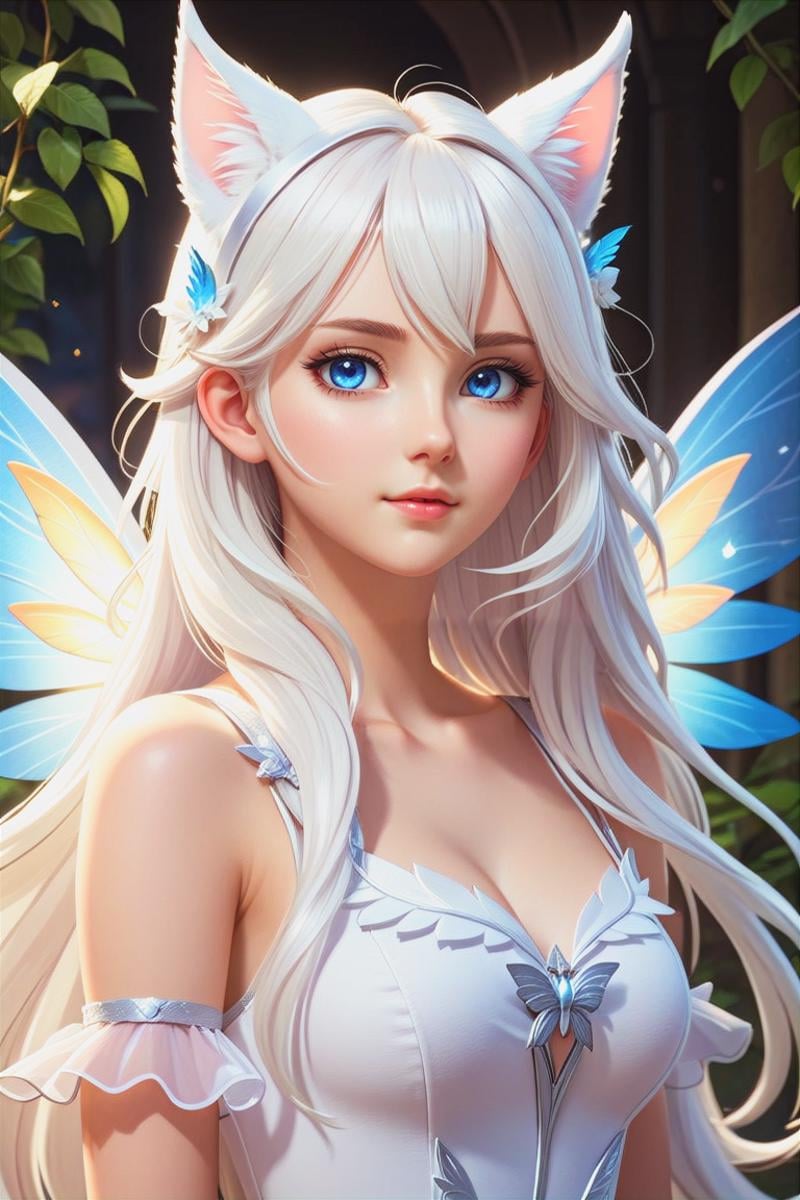 a young white girl in a fairy outfit with white cat ears and wings, 1girl, solo, long hair, blue eyes, wings, looking at viewer, animal ears, upper body, hair ornament, white hair, closed mouth, (masterpiece, best quality, ultra-detailed, best shadow), detailed background, (beautiful detailed face), high contrast, (best illumination, an extremely delicate and beautiful), ((cinematic light)), hyper detail, dramatic light, intricate details, 8k, anime, very aesthetic,