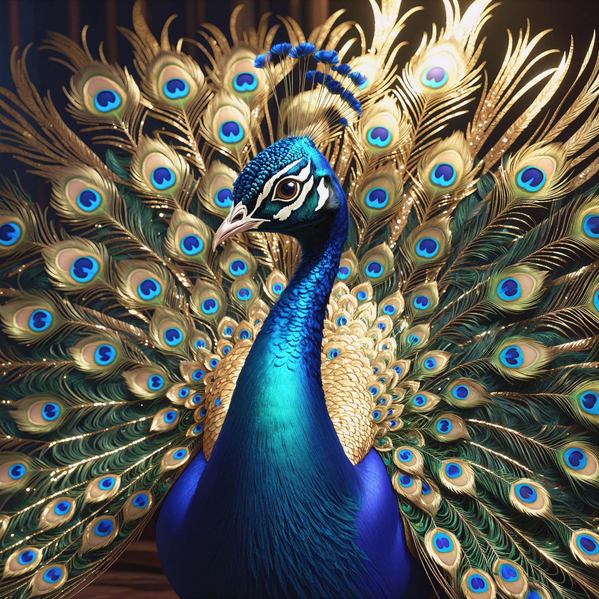 A peacock , small and cute,generate a celestial adorable non-human animal in the style of celestial and fantasy. the animal should be the most beautiful animal ever created. Consider details like fluffy and feathers and silk and satin and shimmer and glimmer. Include subtle details of phantasmal iridescence. emphasize small details of fantasy and ornate jewels. camera: utilize interesting and dynamic composition. enhance visual interest. lighting: use ambient lighting that enhances the ambiance of fantasy. include bold colors and deep shadows. hires, detailed eyes, hires detailed eyes, hires small details, ornate, intricate details, 8k, shimmer, unity, official cgi unreal engine, high resolution, (((masterpiece))), high quality, highres, detail enhancement, (bright and clear eyes),((full body))