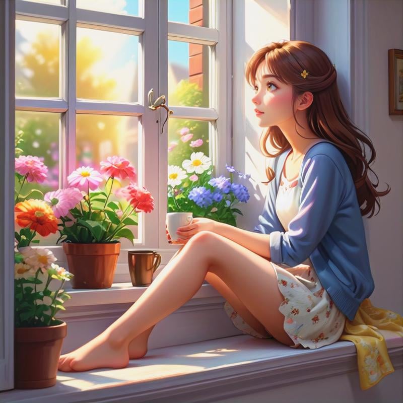 Oil painting, girl leaning against the window sill, resting her chin on the window and looking out the window, wide open window, (outside the window, various flowers are blooming in the flower bed), very delicate and soft lighting, details, Ultra HD, 8k, animated film, girl , holding 1 coffee cup, sitting on the window sill, holding a cup in both hands, shaking legs,(masterpiece:1.2), (best quality:1.2), newest, ai-generated, ultra-detailed, best shadow, detailed background, high contrast, (best illumination, an extremely delicate and beautiful), ((cinematic light)), hyper detail, dramatic light, intricate details, 8k, anime, very aesthetic,