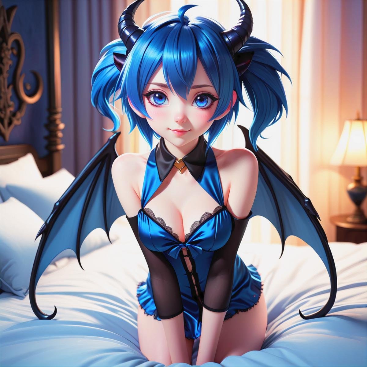 an anime illustration of a extreme cute and beautiful girl, extreme blue hair, pink eyes, 1 cute succubus girl with shiny dark blue hair, solo, cute beautiful gorgeous face, pale skin, shy look, perfect body, wings, ((thin black demon tail)), short hair, on all fours on a bed, bare shoulders, collar, black demon wings, (2 very thin black horns), looking at viewer, small light round breasts, sexy cleavage, ((blue silk negligee)), barefoot, blush, bare arms, anime style, shy smile, young face, (masterpiece:1.2),  (best quality:1.2), newest, ai-generated, ultra-detailed, best shadow, detailed background, high contrast, (best illumination, an extremely delicate and beautiful), ((cinematic light)), hyper detail, dramatic light, intricate details, 8k, anime, very aesthetic, vibrant color,