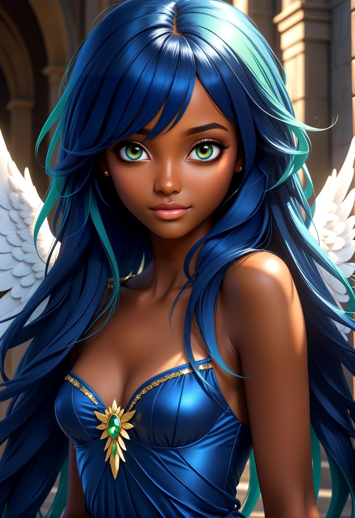 (photorealistic, realistic),masterpiece,absurdres,highres,high quality masterpiece, sharp focus, best quality, depth of field, cinematic lighting, 1 dark-skinned women, 24yo, ((angel)), medium breasts, decent makeup, perfect face, perfect eyes, decent eyes shadow, blue green eyes, perfect body, ((long dark blue hair)), (((extreme dark blue hair))):1.5, shiny hair, (((dark brown skin))), ((extreme delicate detailed beautiful angel dress with deep V neckline)), large white angel wings, spread wings, golden halo, sexy view, sensual smile, beautiful detailed background, (((full body))),