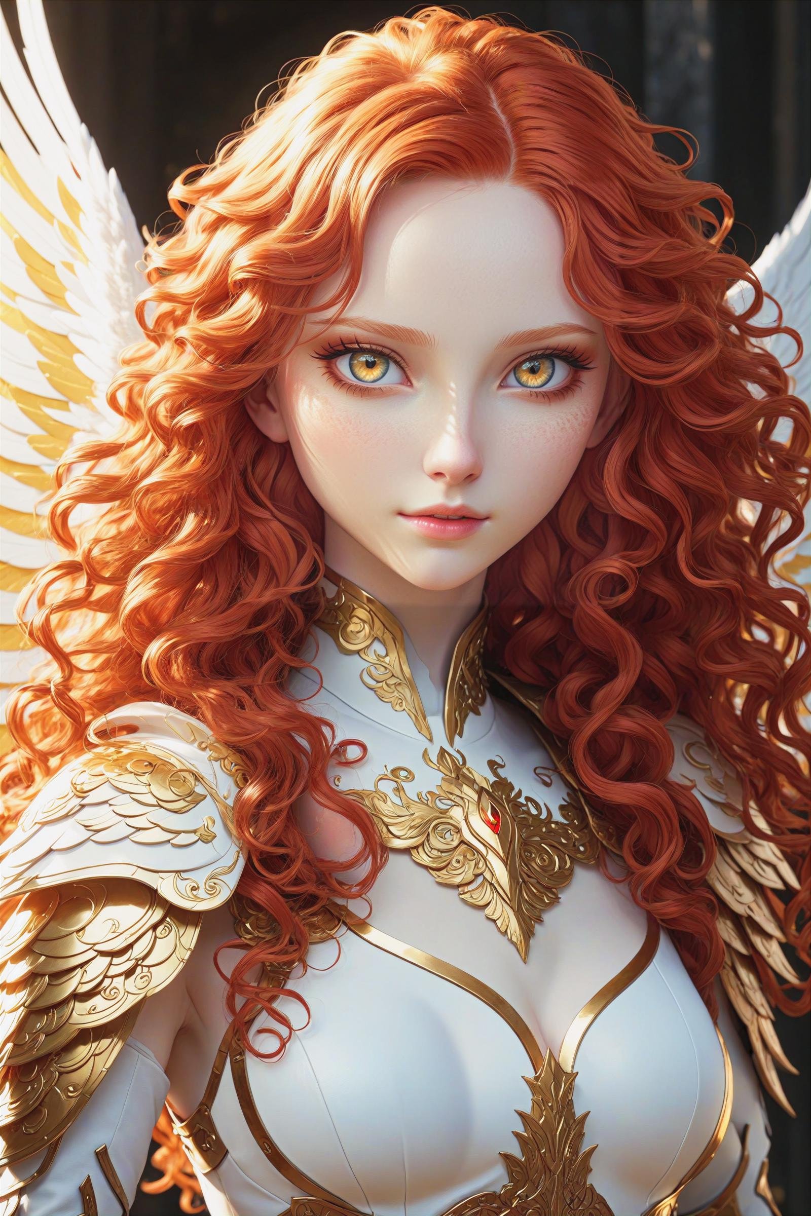 (masterpiece, best quality, ultra-detailed, best shadow), detailed background, (beautiful detailed face and eyes), high contrast, (best illumination, an extremely delicate and beautiful), (cinematic light), hyper detail, intricate details, 8k, anime, very aesthetic, a beautiful albino valkyrie, pale skin, long curly fiery red hair, resplendent intricate golden armor, metallic white and golden wings, shy smile,