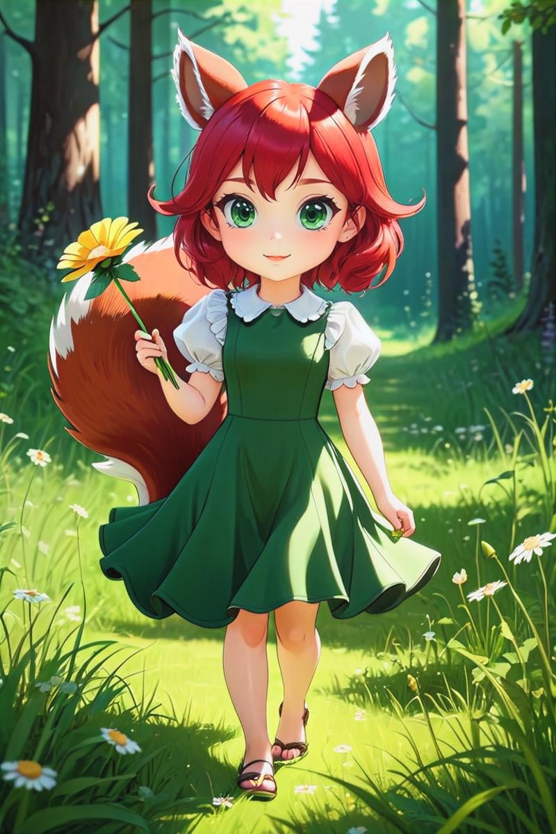 1girl, (extreme red hair), short hair, deep green eyes, small squirrel ears, cute fluffy squirrel tail, small dark green dress, (she is holding a flower in her hands, looks at the viewer, stands on a summer meadow, background summer forest, full body view, smile,(masterpiece, best quality, ultra-detailed, best shadow), detailed background, (beautiful detailed face), high contrast, (best illumination, an extremely delicate and beautiful), ((cinematic light)), hyper detail, dramatic light, intricate details, 8k, anime, very aesthetic,