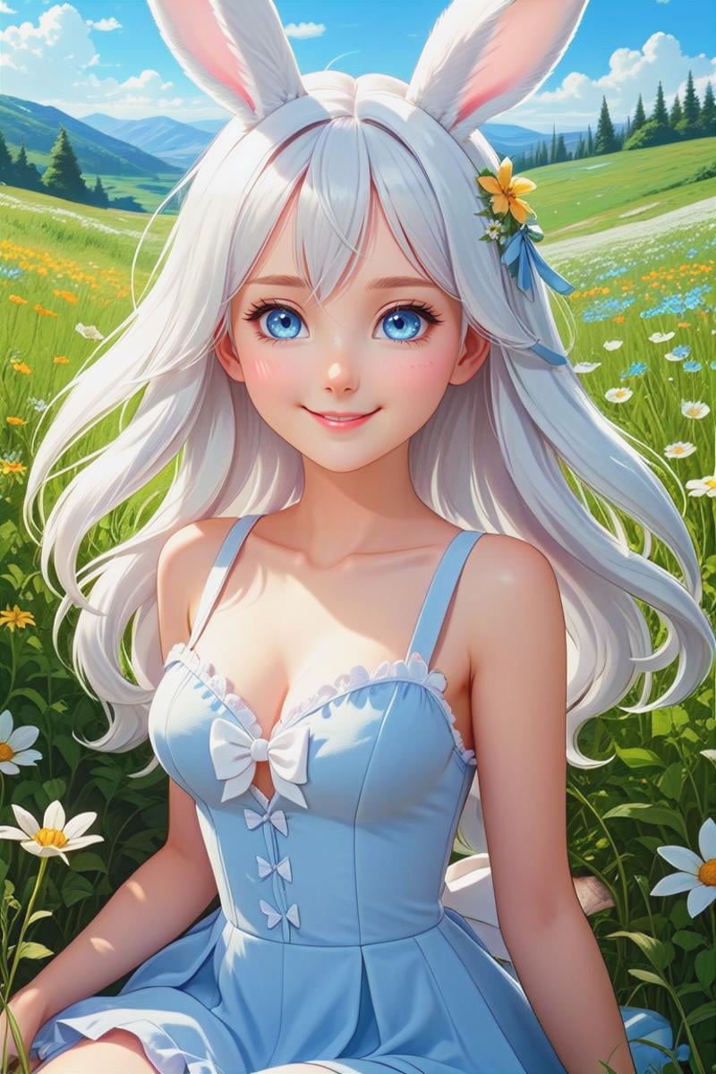 a cute rabbit girl with white rabbit ears in in a flower meadow,  young looking face, animal ears, solo, blue eyes, rabbit ears, flower, long hair, ((small breasts)), smile, looking at viewer, light blue dress, white hair, light cleavage, bare shoulders, sleeveless,(masterpiece, best quality, ultra-detailed, best shadow), detailed background, (beautiful detailed face), high contrast, (best illumination, an extremely delicate and beautiful), ((cinematic light)), hyper detail, dramatic light, intricate details, 8k, anime, very aesthetic,