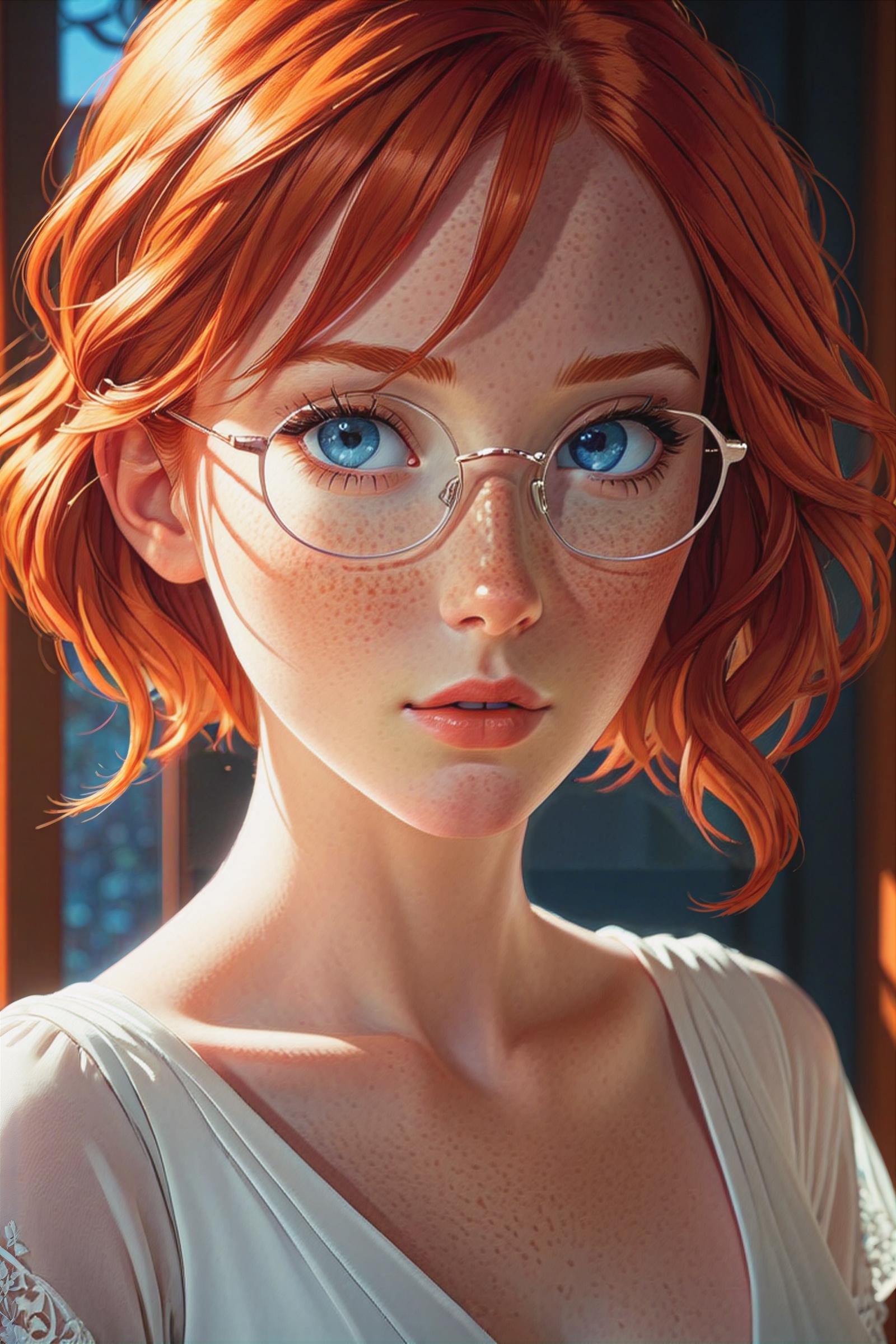 a woman with red hair, small narrow glasses, wearing a white dress, freckles, looking at viewer, blue eyes, orange-red hair, parted lips, upper body(masterpiece:1.2), (best quality:1.2), newest, ai-generated, ultra-detailed, best shadow, detailed background, high contrast, (best illumination, an extremely delicate and beautiful), ((cinematic light)), hyper detail, dramatic light, intricate details, 8k, anime, very aesthetic,