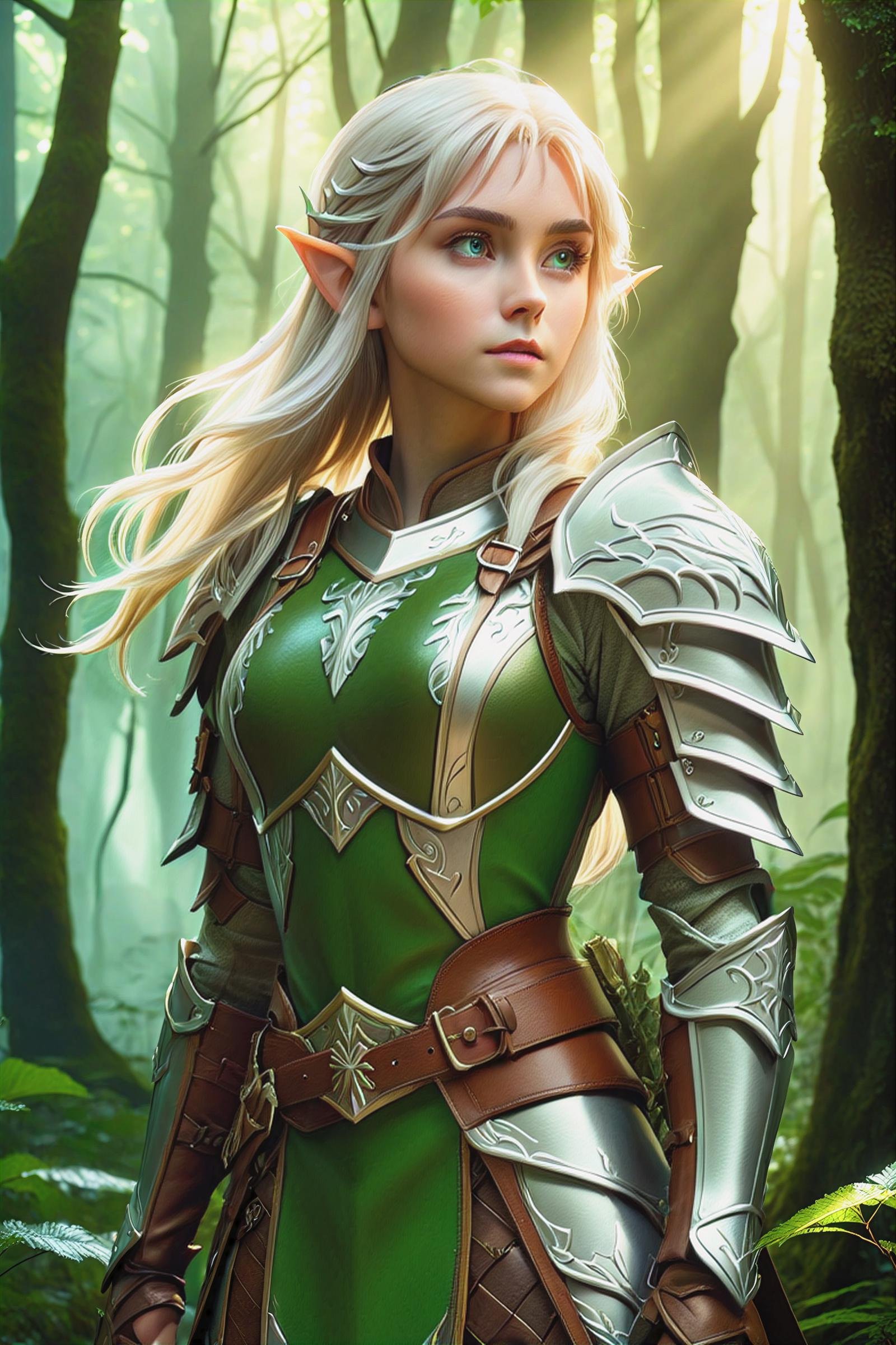 a young female elf with golden-silver hair stands in an ancient forest full of mist and mystical secrets, wearing brown-green leather armor,(masterpiece:1.2), (best quality:1.2), newest, ai-generated, ultra-detailed, best shadow, detailed background, high contrast, (best illumination, an extremely delicate and beautiful), ((cinematic light)), hyper detail, dramatic light, intricate details, 8k, anime, very aesthetic,